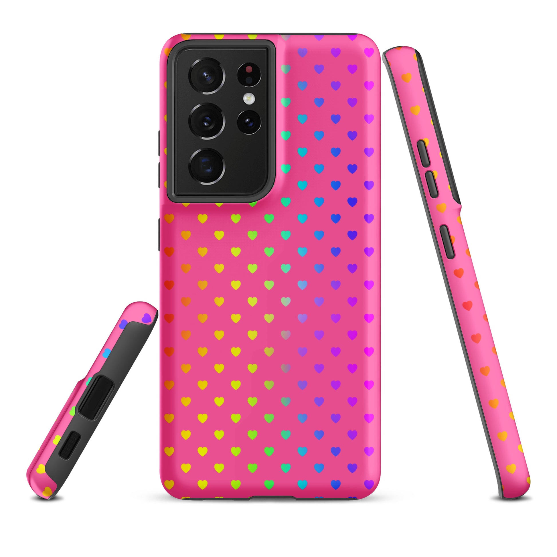 phone case for Samsung Galaxy featuring cute rainbow hearts on a bright pink backdrop, cheerful and protective design.