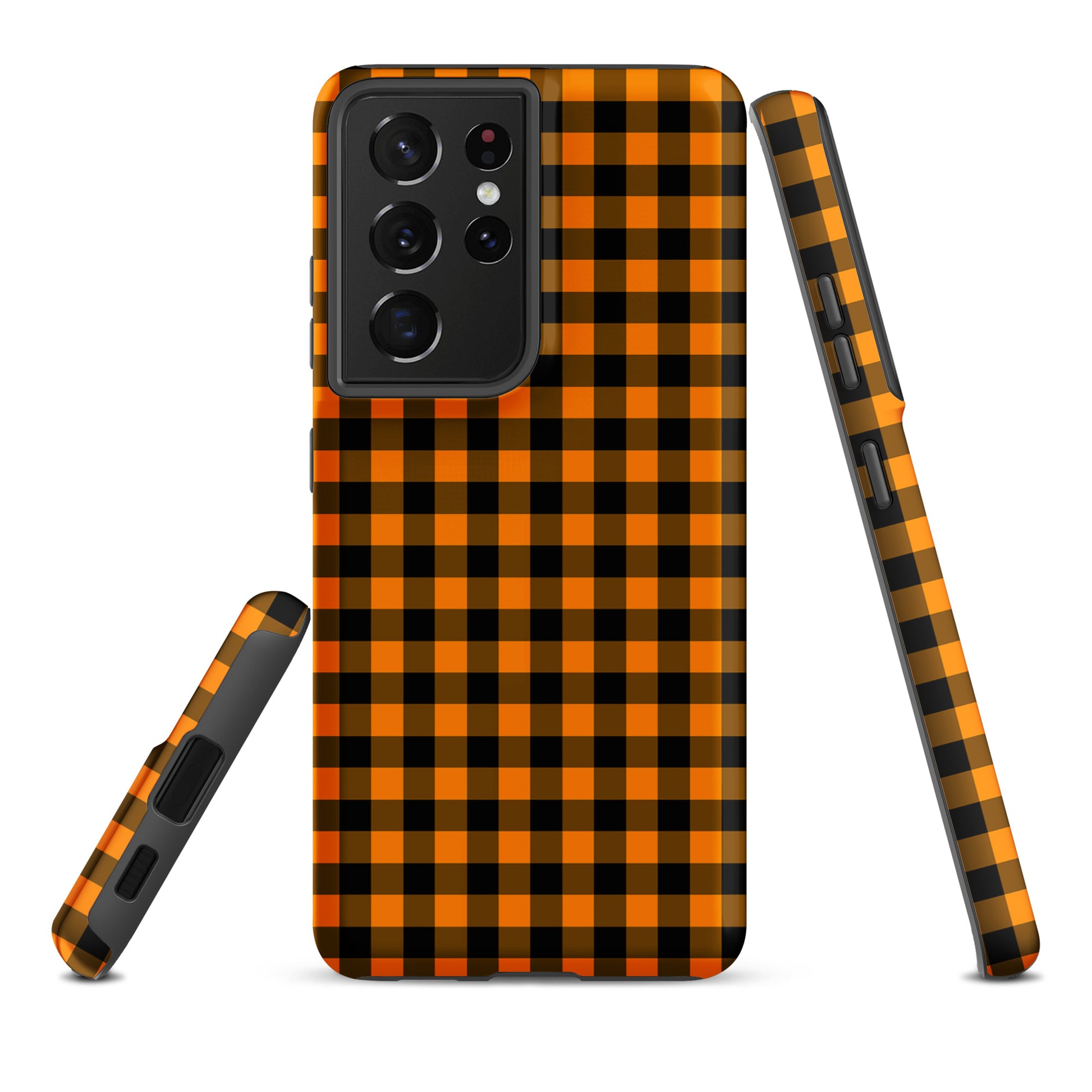 Black-and-orange gingham phone case for Samsung Galaxy with Autumn theme, showcasing stylish design and durability.