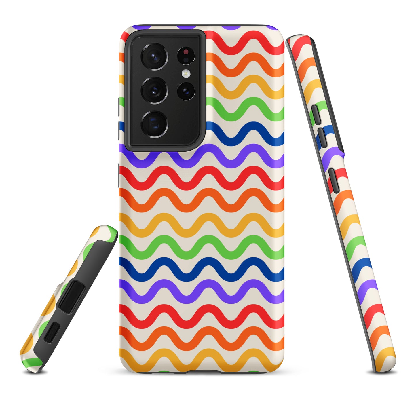 Phone Case for Samsung Galaxy with wavy rainbow design featuring purple, red, orange, yellow, green, and blue lines on a white backdrop.