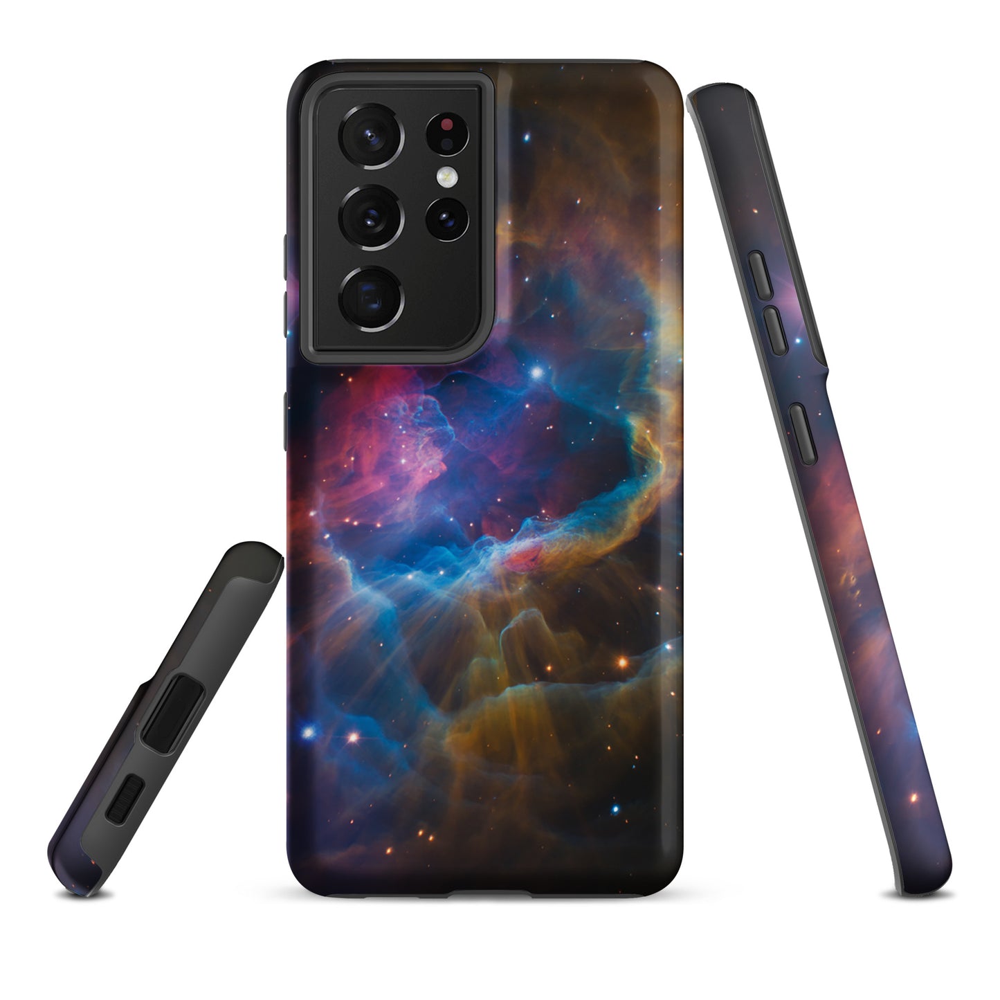 Phone Case for Samsung Galaxy with cosmic nebula design featuring electric blues, fiery oranges, and dreamy pinks, starburst pattern.