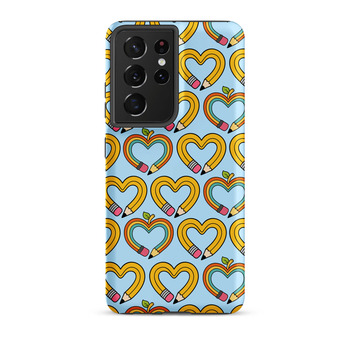 Phone Case for Samsung Galaxy featuring pencil-heart pattern with green leaves, symbolizing creativity and growth on a blue background.