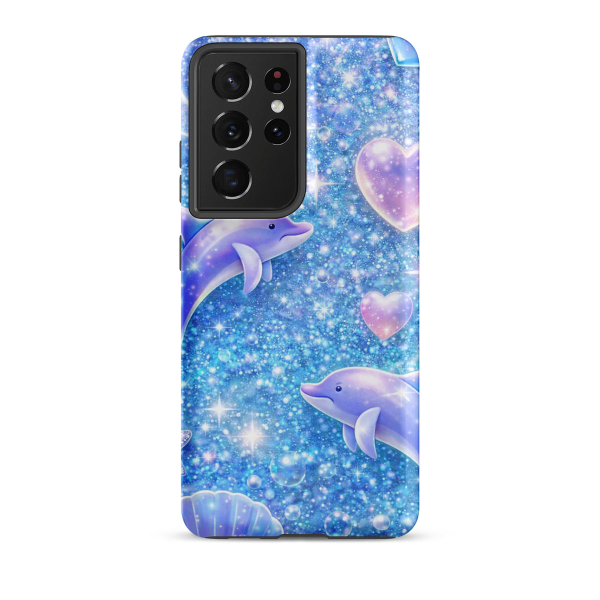 Phone Case for Samsung Galaxy with Ocean Glitter Dolphins, featuring floating dolphins, pastel moons, and shimmering accents.