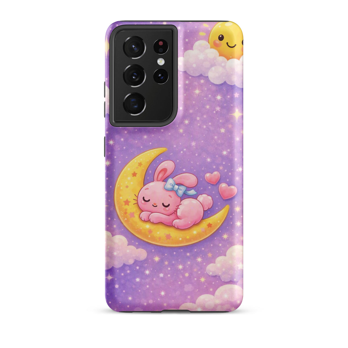 Phone Case for Samsung Galaxy - Cute, Cozy, Dreamy Bunny Moon Design with pink bunny on crescent moon and stars