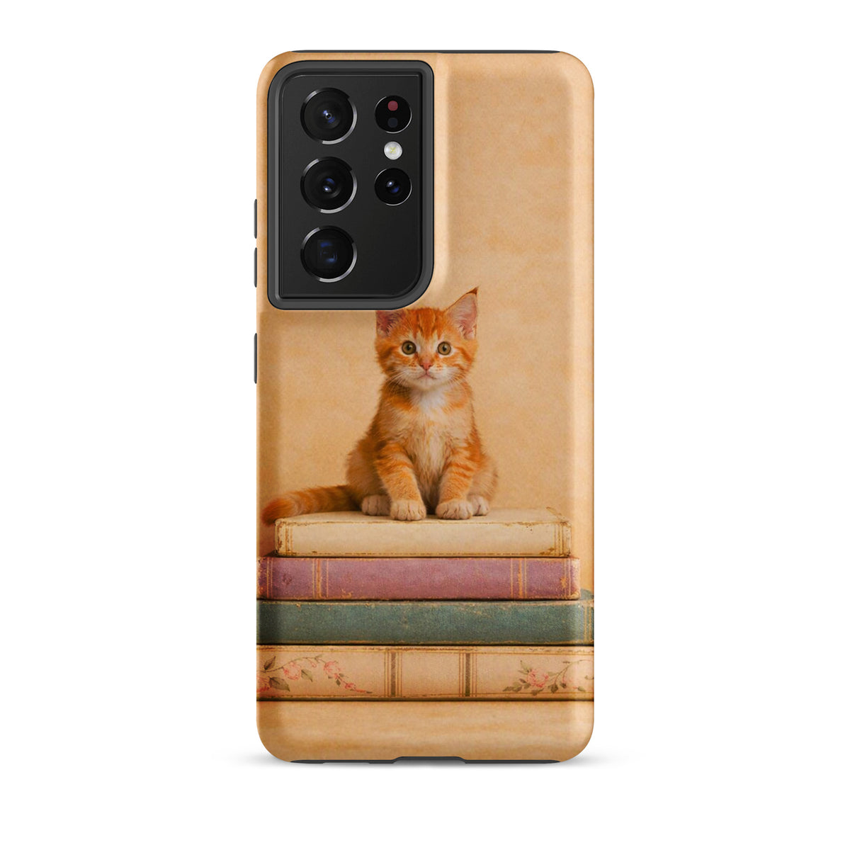 Phone Case for Samsung Galaxy with kitten on vintage books design, offering artistic protection for device. Cozy kitten theme.