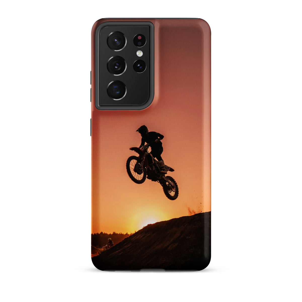 Phone Case for Samsung Galaxy with motocross sunset dirt bike design, featuring a silhouette jump against a glowing sunset.