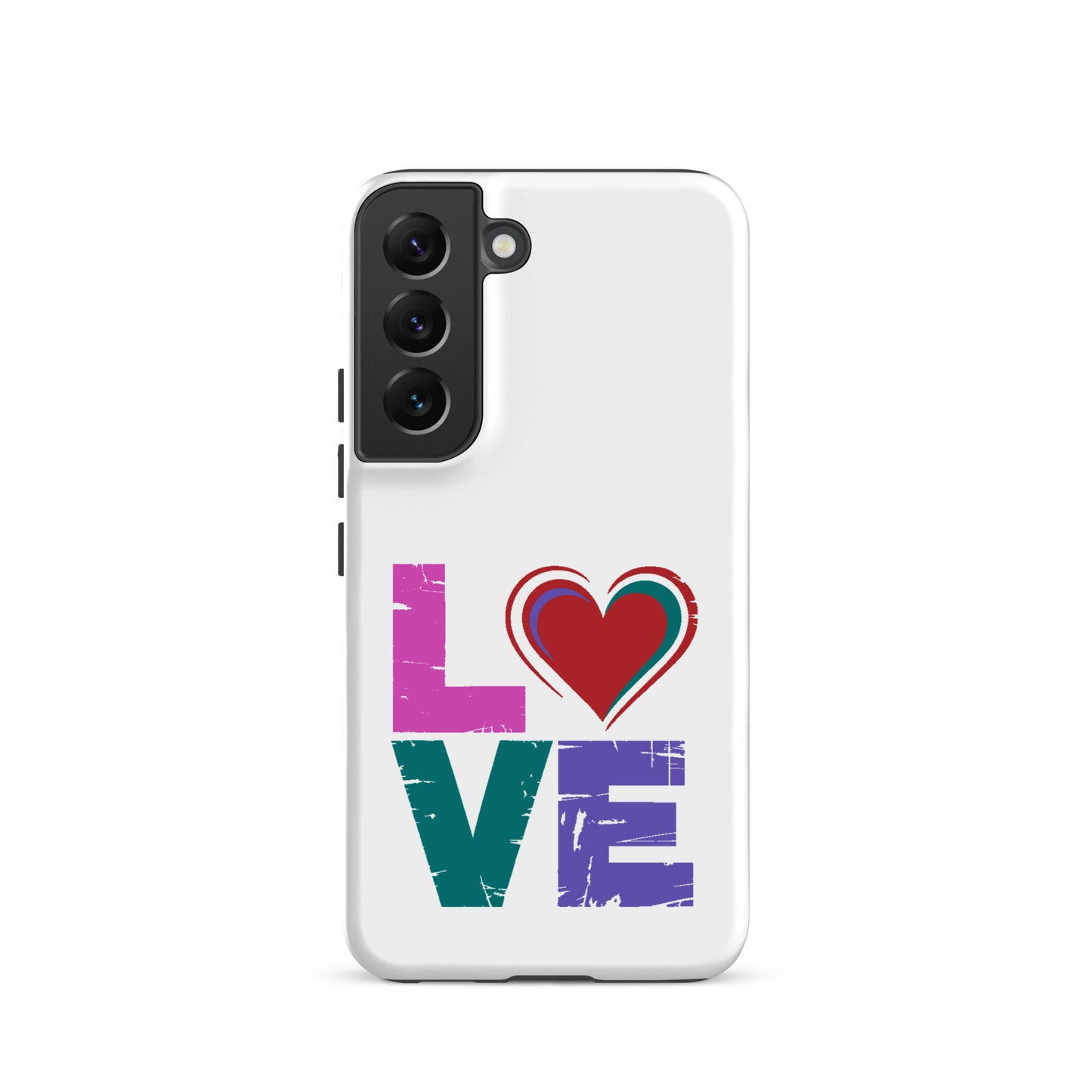 Tough case for Samsung Galaxy Phones featuring colorful 'LOVE' design with a heart for a stylish look.