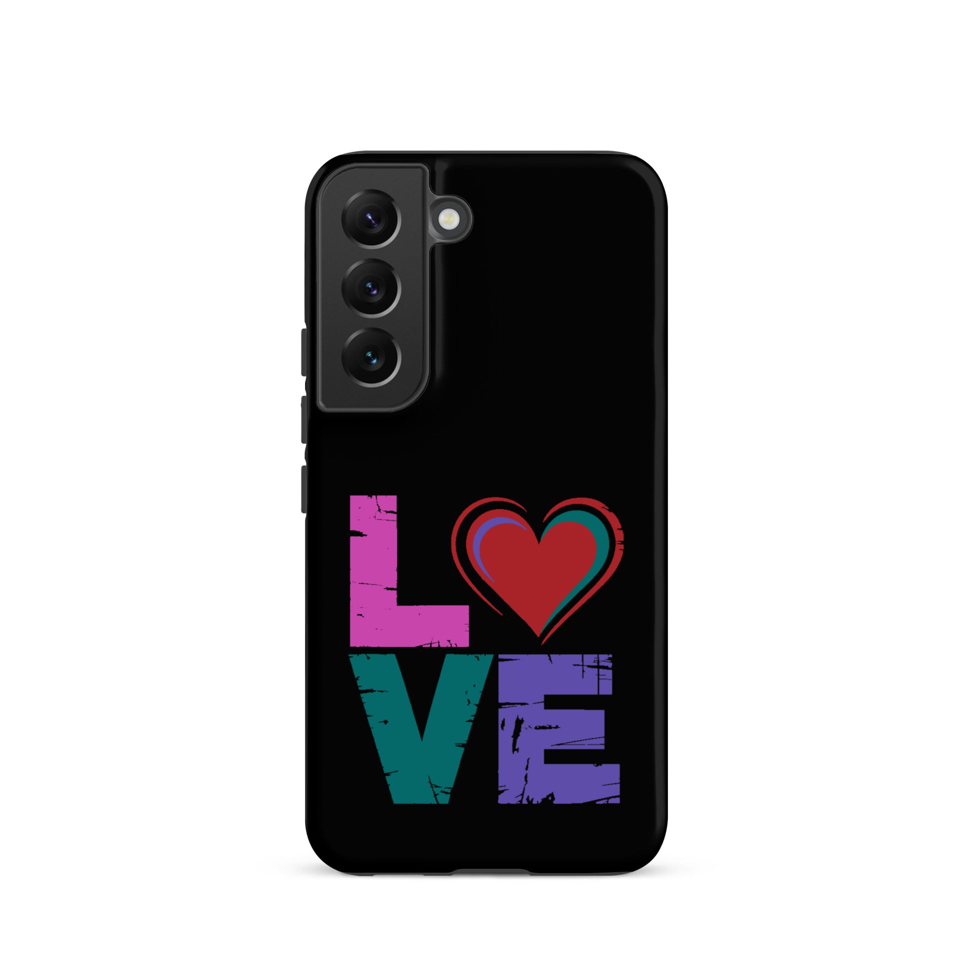 Tough case for Samsung Galaxy Phones featuring colorful love design with heart on black background.