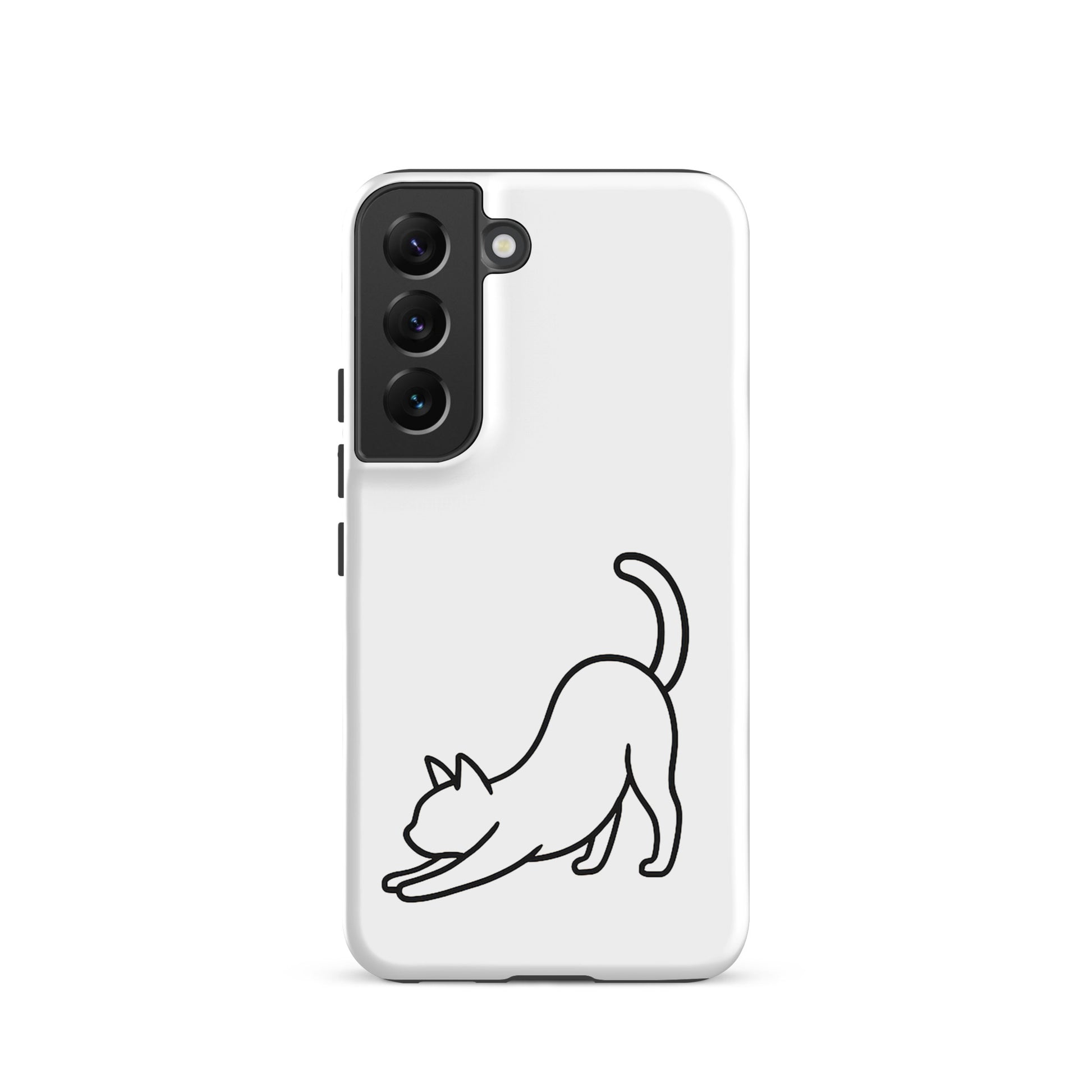 Phone Case for Samsung Galaxy featuring a minimalist stretching cat design, ideal for cat lovers.