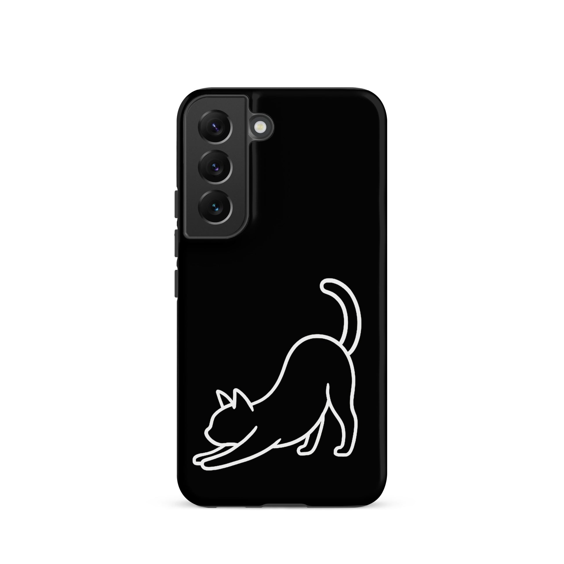 Phone Case for Samsung Galaxy featuring a minimalist stretching cat design on a sleek black background.