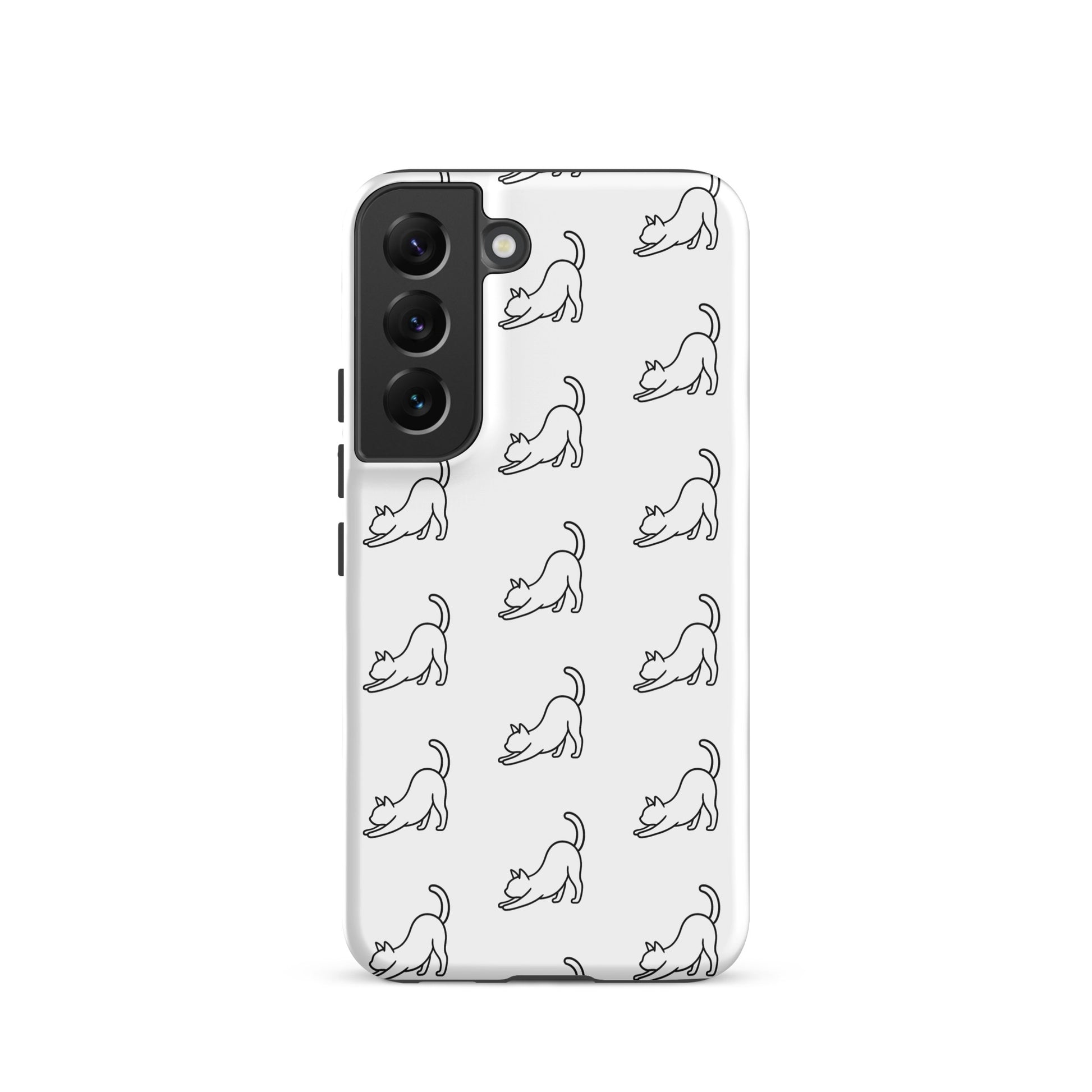 Phone Case for Samsung Galaxy featuring a minimalist stretching cat pattern on a white background.