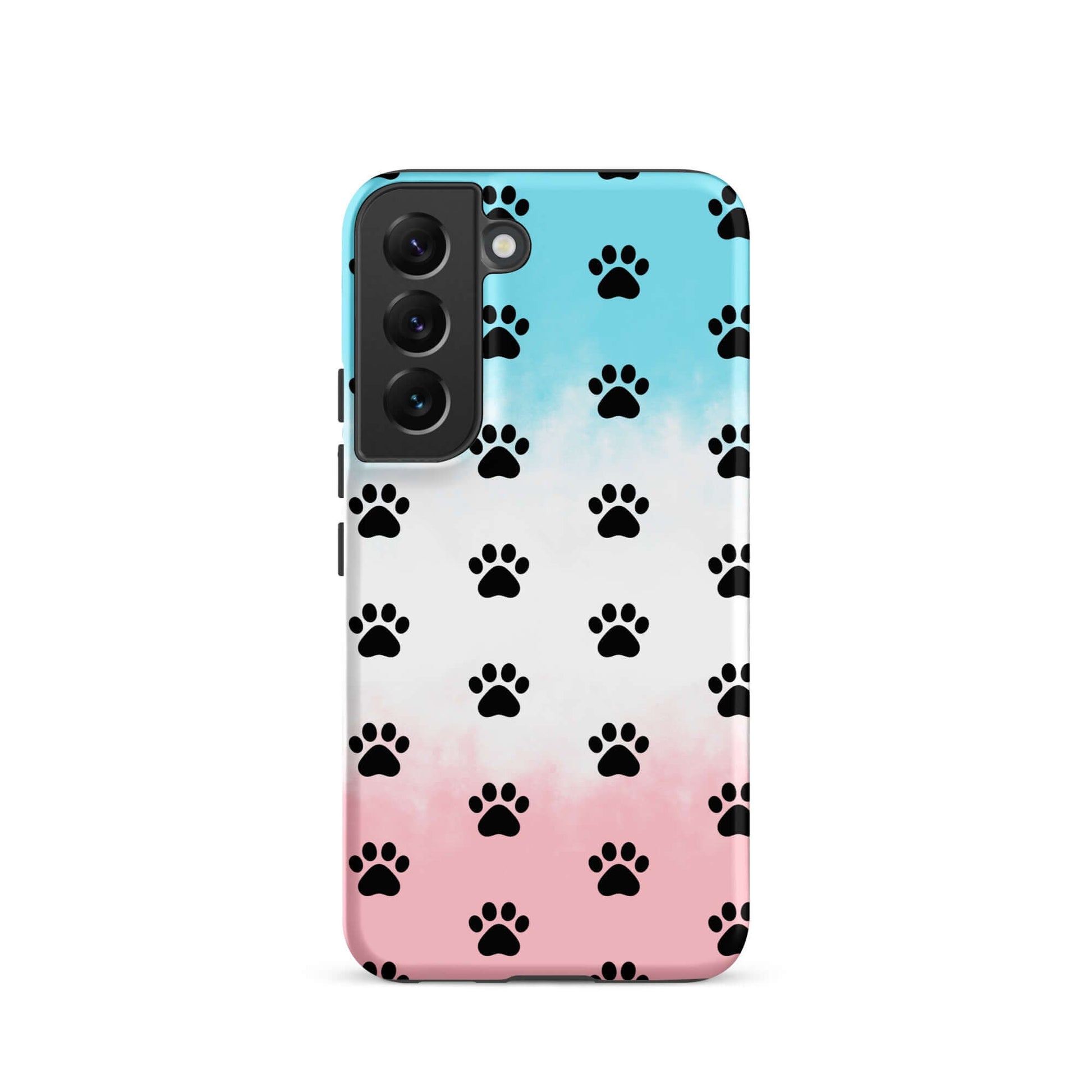Phone Case featuring a playful paw print pattern in black on a gradient blue and pink background.