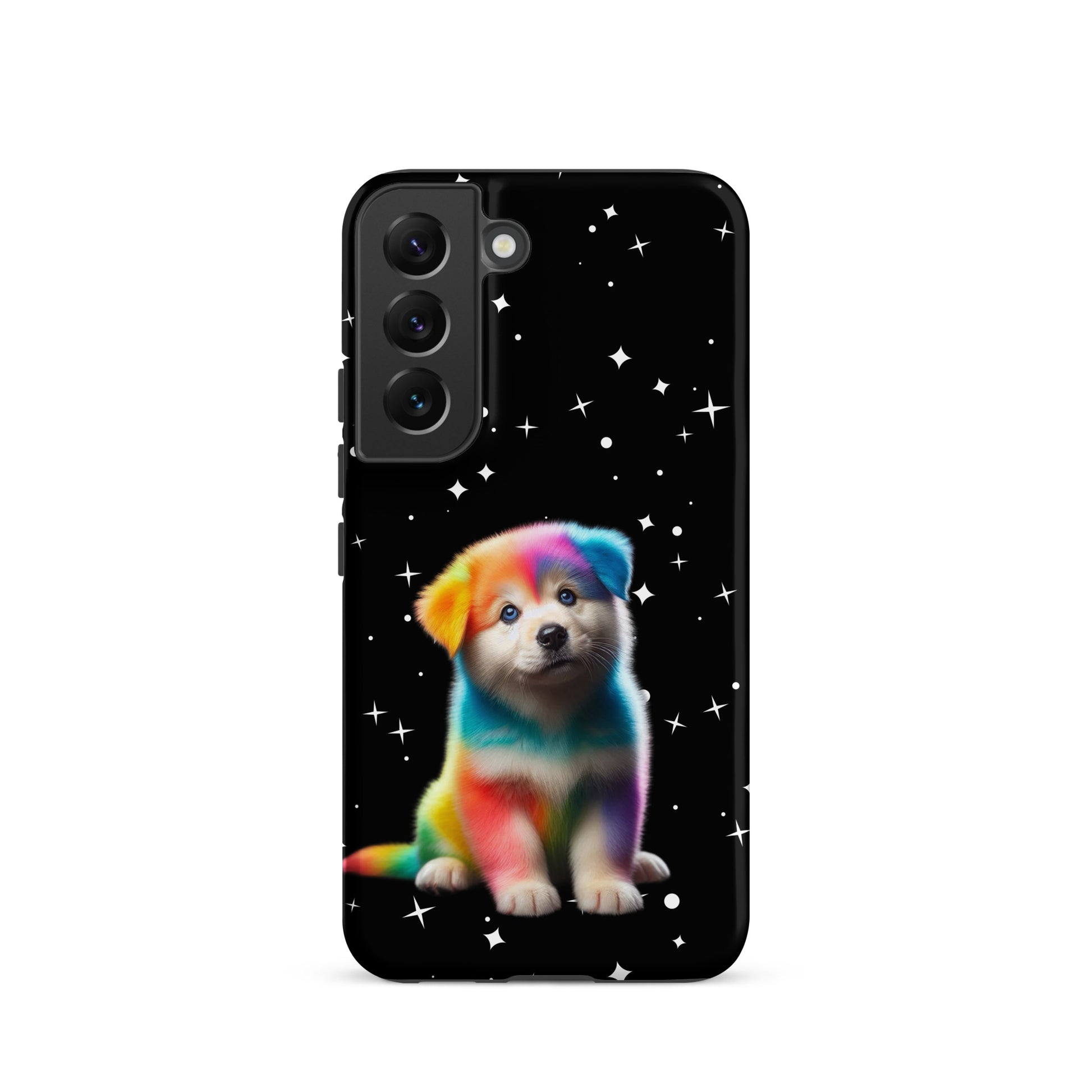 Phone Case for Samsung Galaxy featuring a rainbow puppy design against a starry night background.