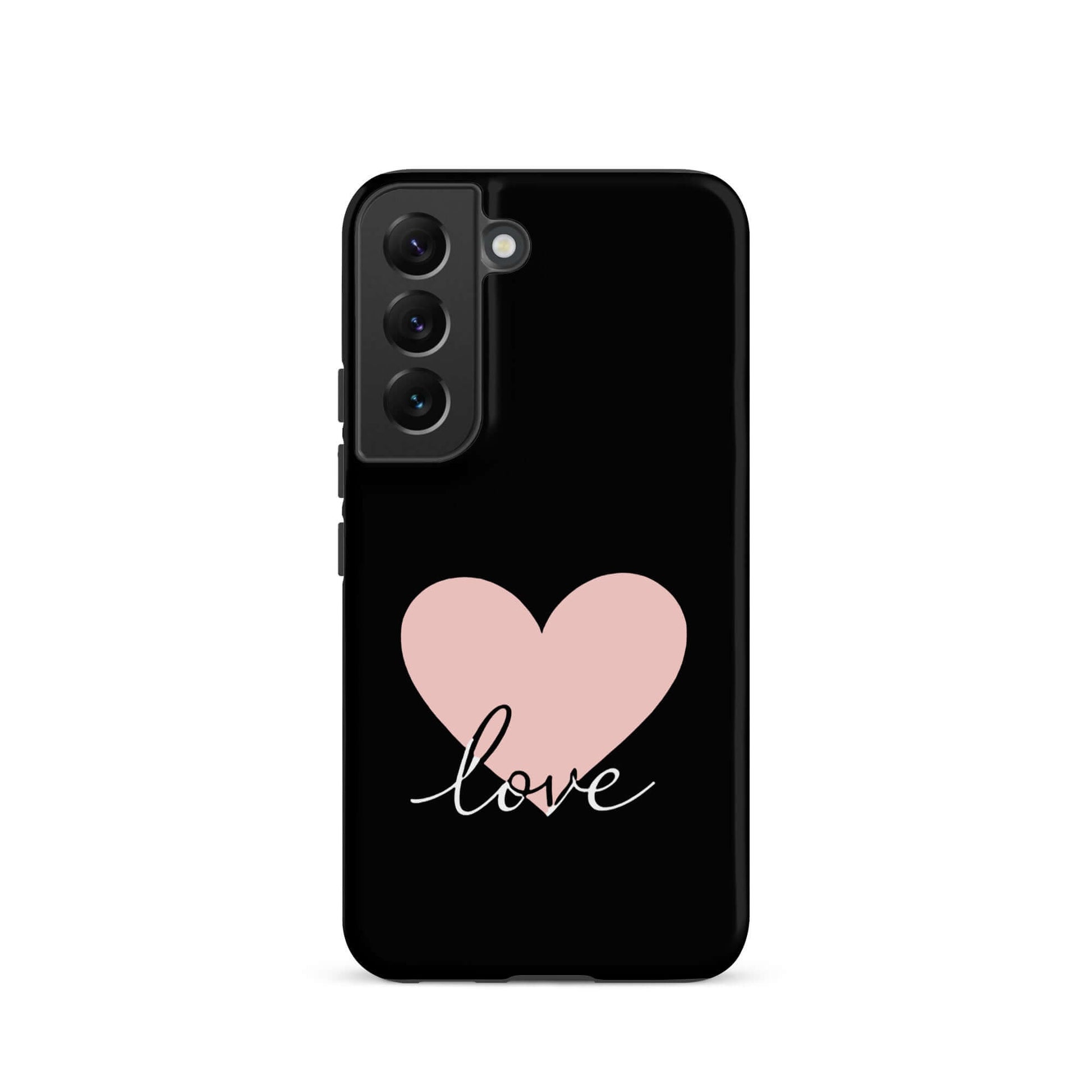 Phone Case Samsung Galaxy featuring a pink heart and script 'love' design on a black background.