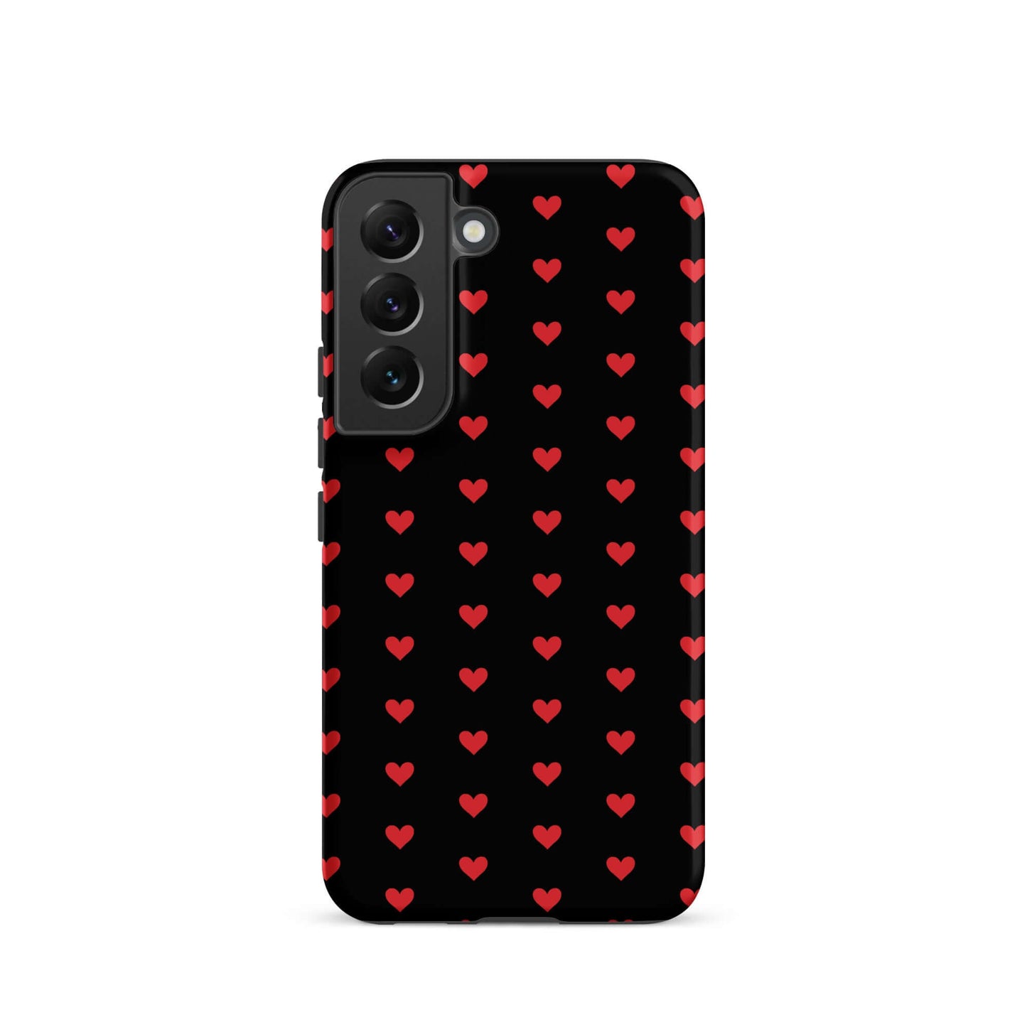 Phone Case for Samsung Galaxy featuring fiery red hearts on a black background, combining style and durability.