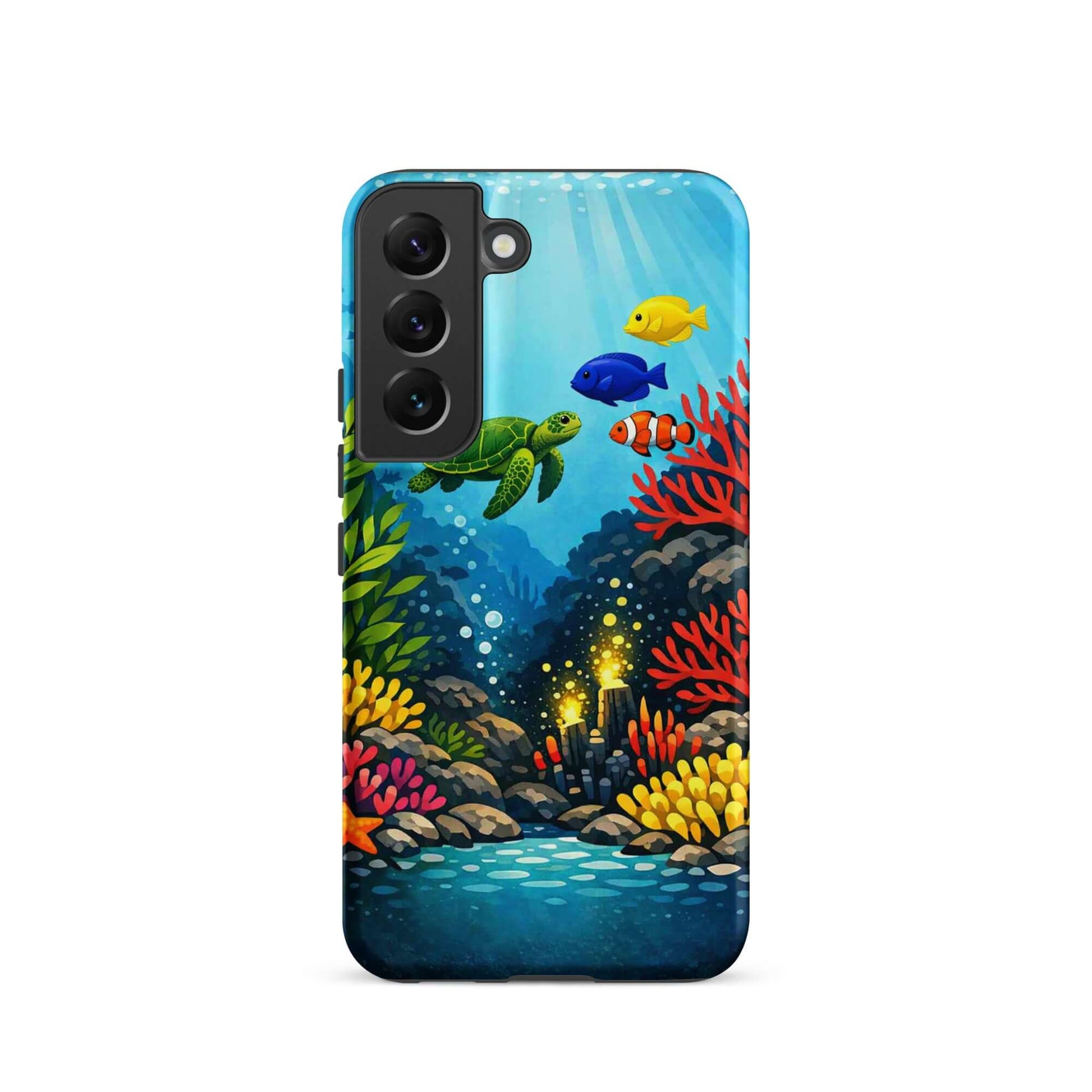 Phone case for Samsung Galaxy featuring a vibrant sea turtle and colorful coral reef design.