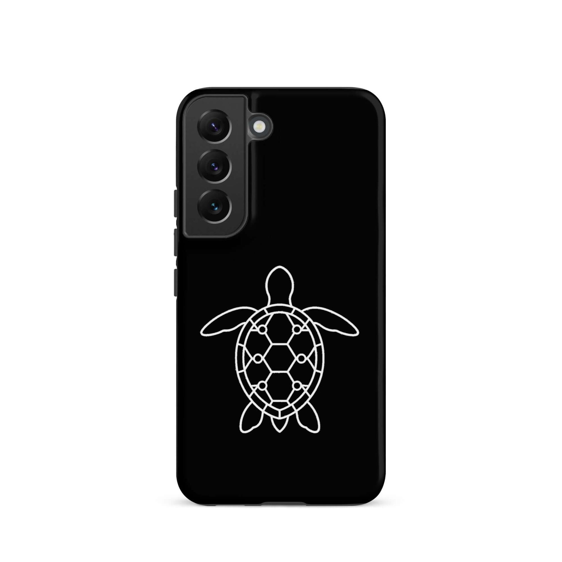 Phone case for Samsung Galaxy featuring a minimalist sea turtle silhouette on a sleek black background.