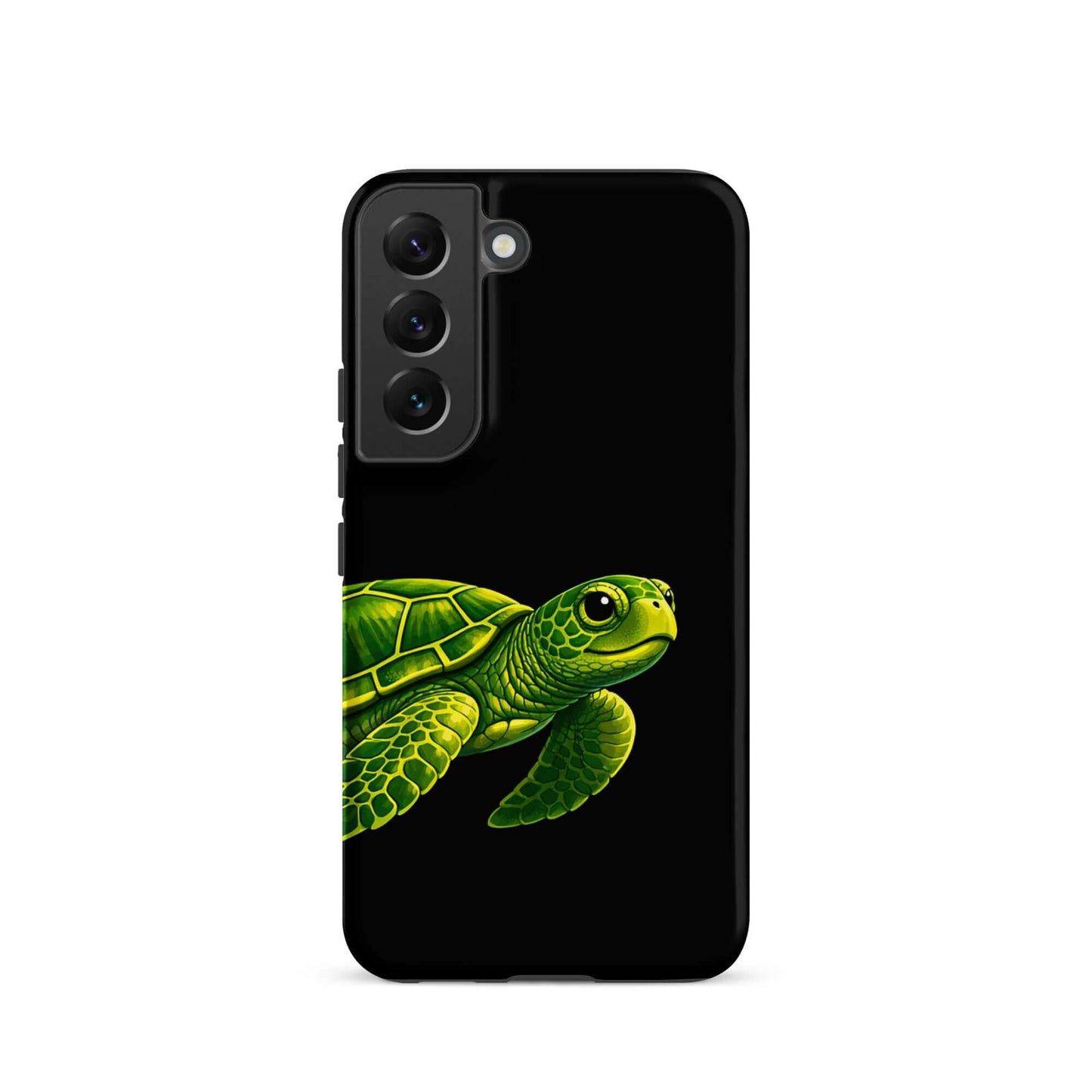 Phone case for Samsung Galaxy featuring a vibrant sea turtle design on a black background.