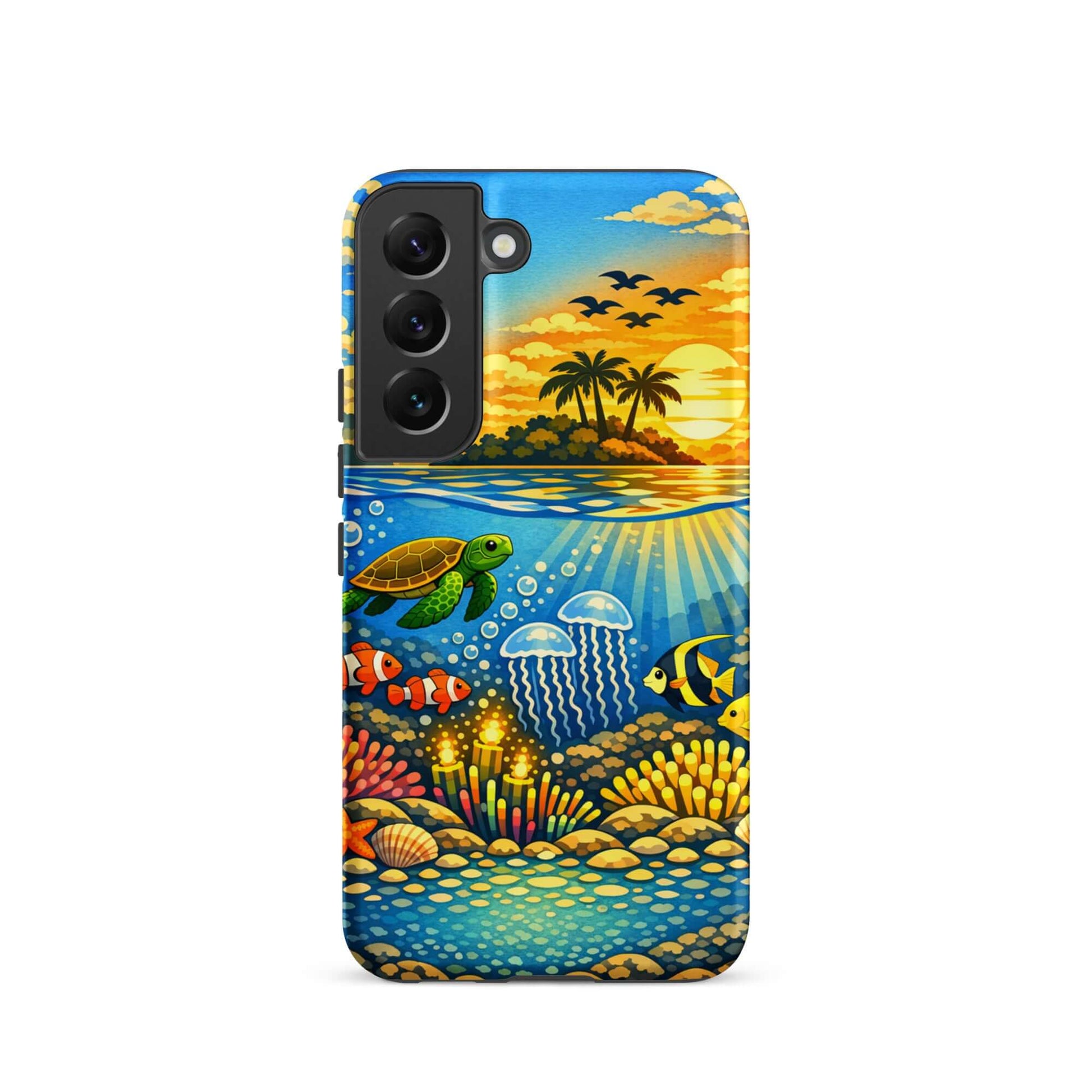 Phone Case for Samsung Galaxy featuring vibrant tropical sunset and colorful underwater reef with sea turtles and clownfish.