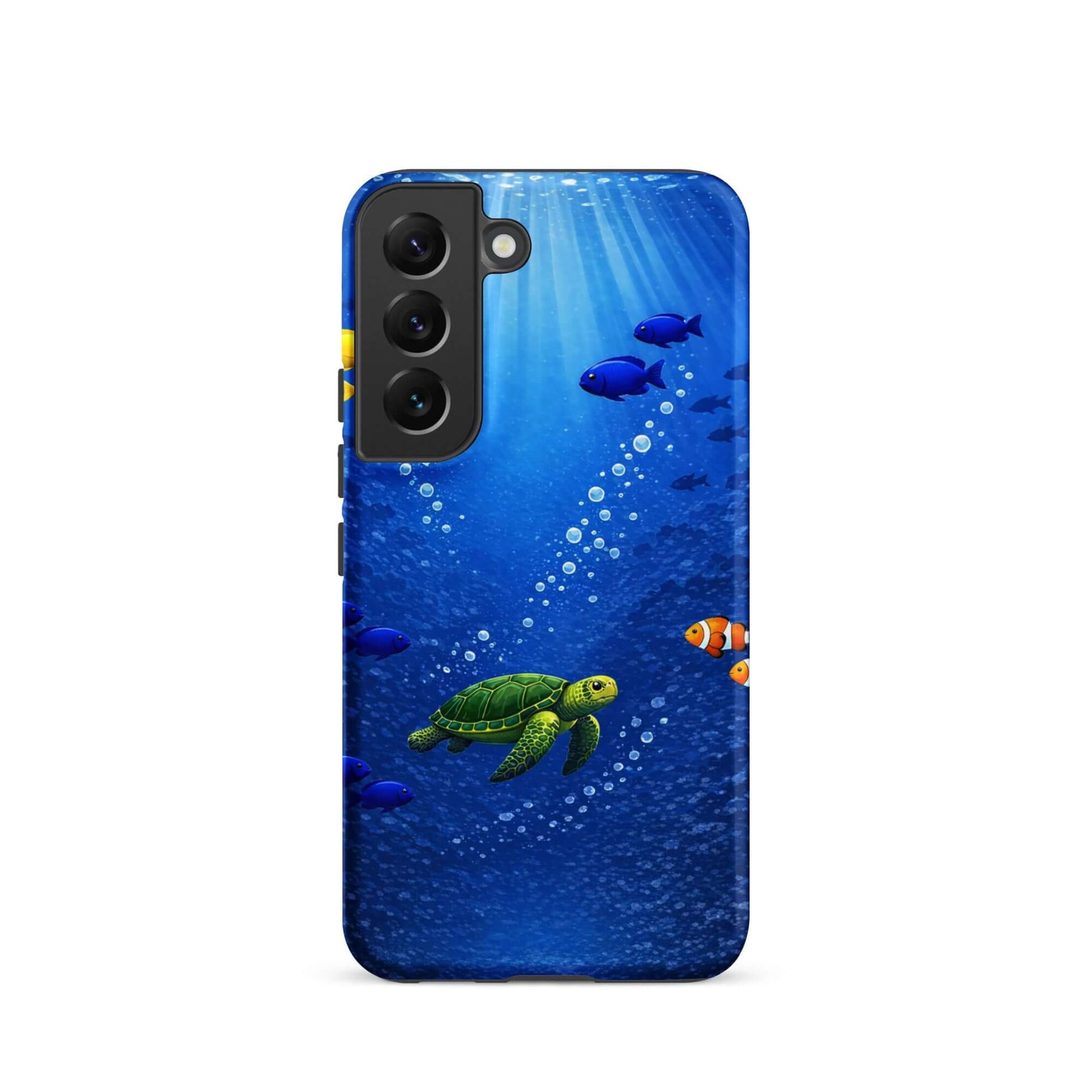Phone Case showcasing a sea turtle and colorful fish in a deep blue underwater scene.