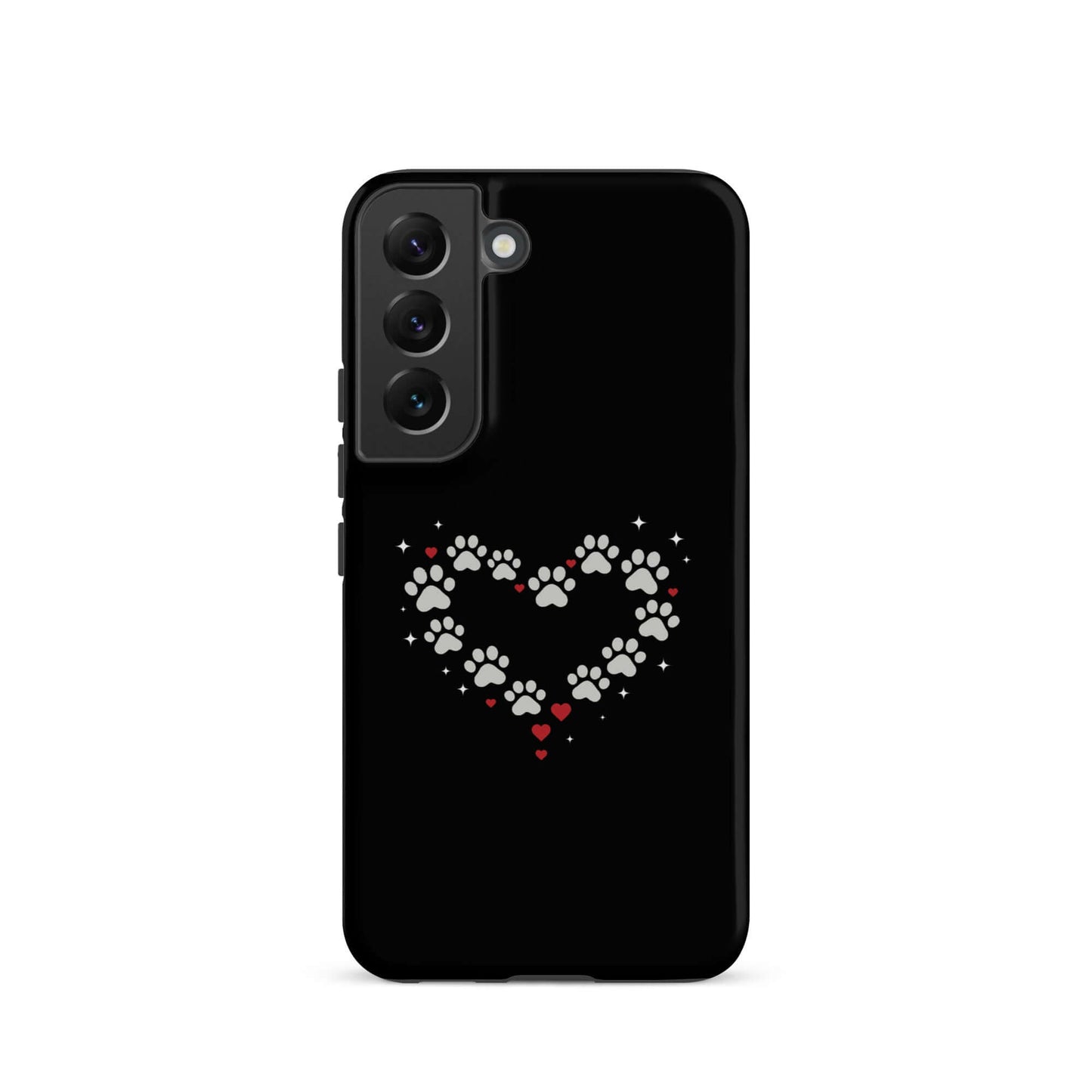Phone Case for Samsung Galaxy with paw-print heart design on a black background.