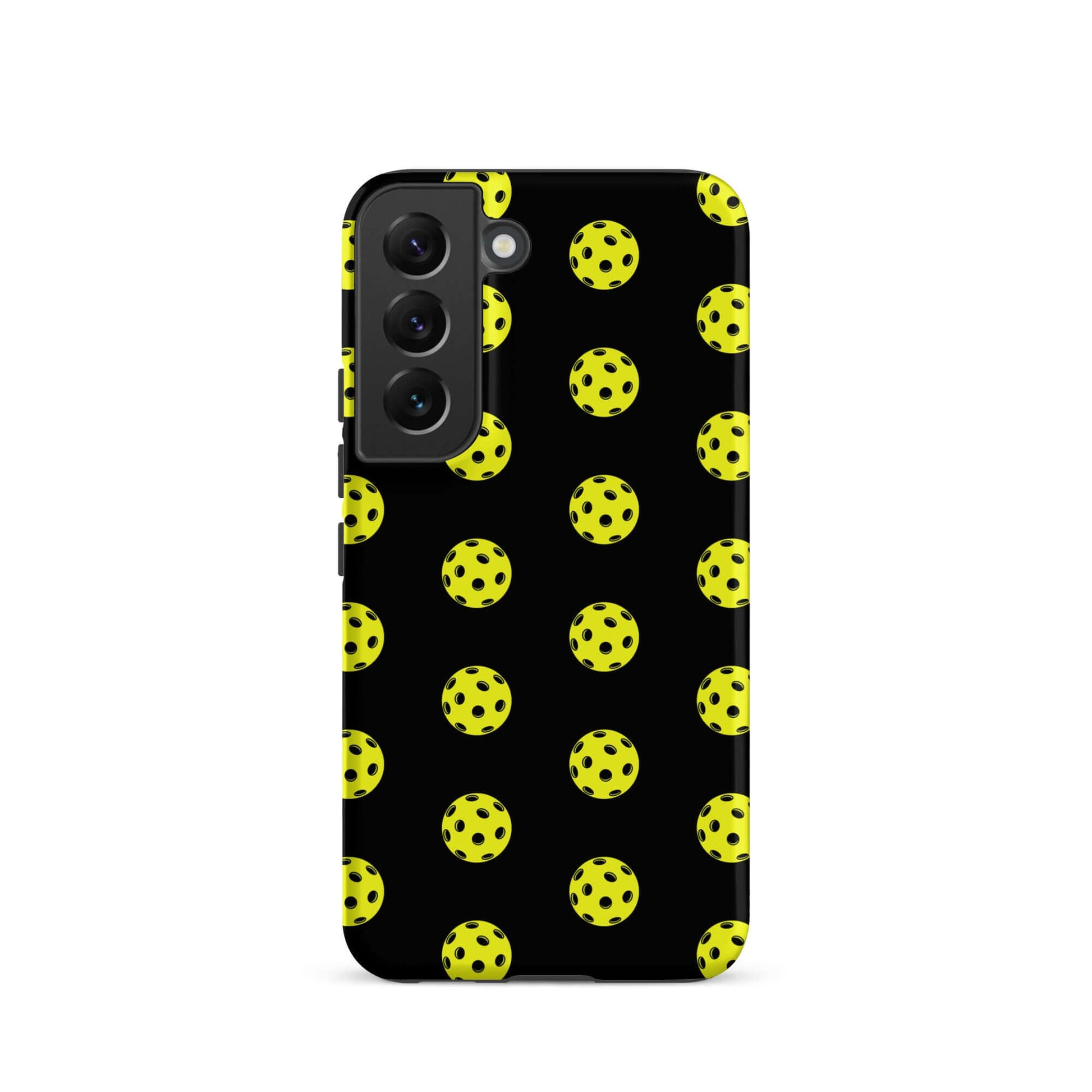 Phone Case for Samsung Galaxy featuring a playful pickleball pattern on a black background