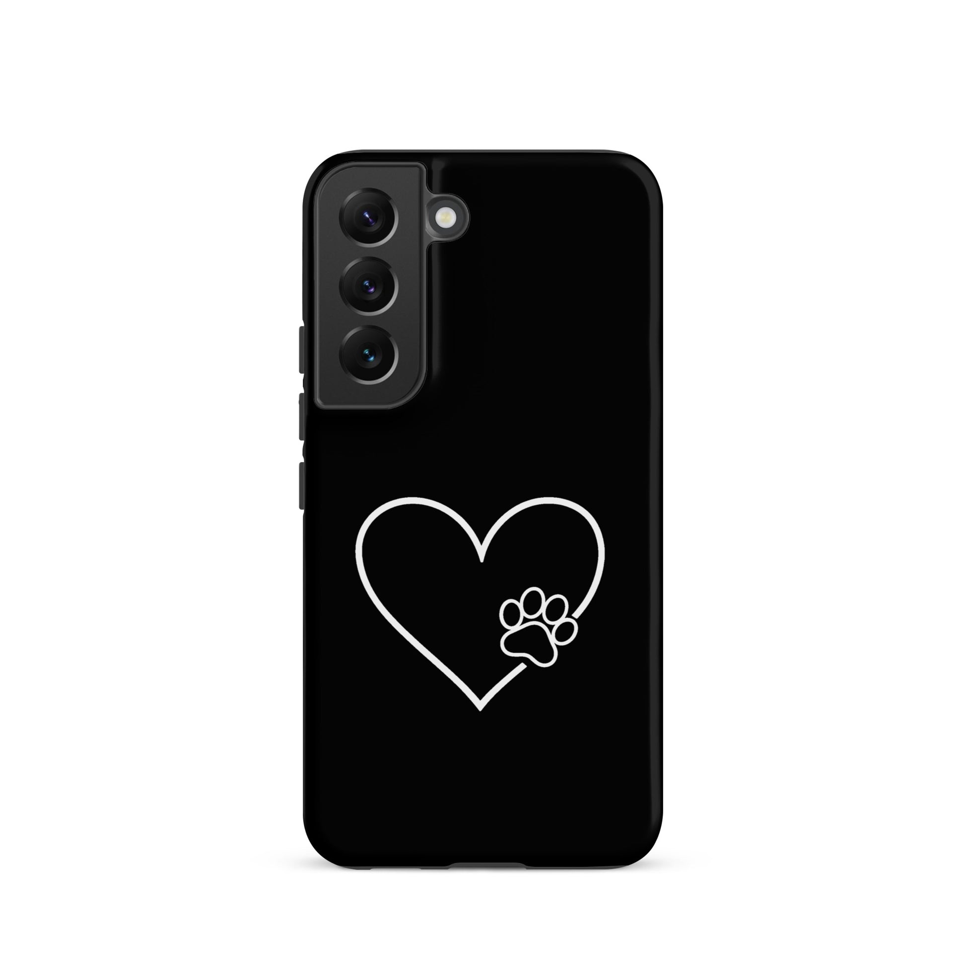 Phone Case for Samsung Galaxy with heart and paw print design, symbolizing pet love and protection, black background.