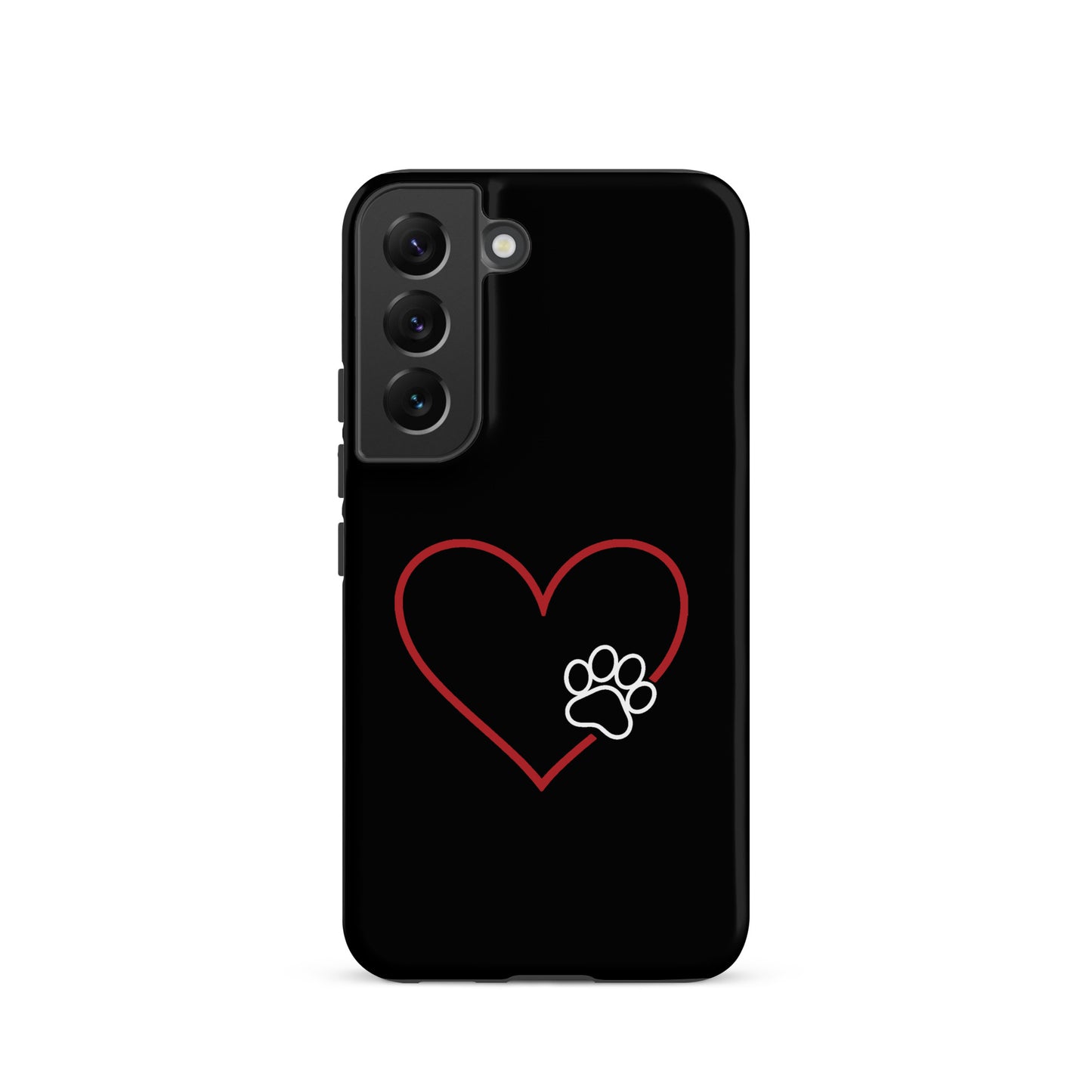 Phone Case for Samsung Galaxy with heart and paw print design, black background, stylish pet lover accessory, elegant minimalist style.
