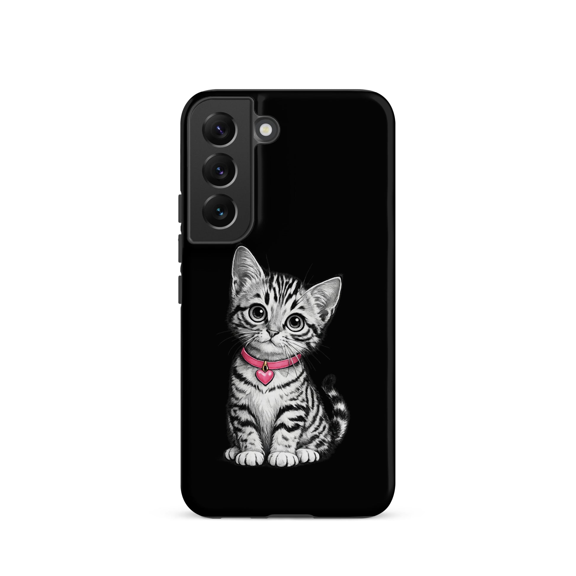 Phone Case for Samsung Galaxy with kitten and pink heart charm, artful design.