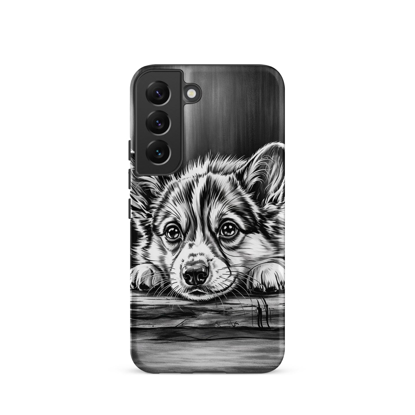 Phone Case for Samsung Galaxy with elegant puppy art, showcasing a detailed monochrome illustration of a puppy resting on aged wood.