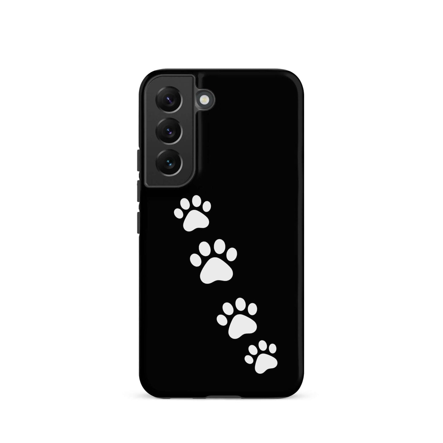 Phone case for Samsung Galaxy with white paw-print trail design on a sleek background, perfect for playful pet lovers.
