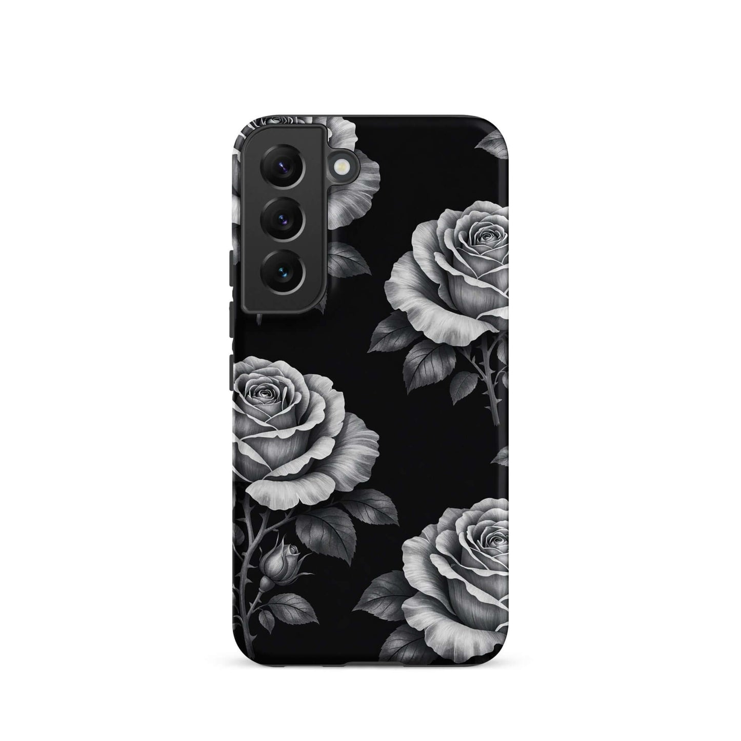 Phone Case for Samsung Galaxy with rose garden design featuring pencil-sketch style roses on a black background, adding floral elegance.