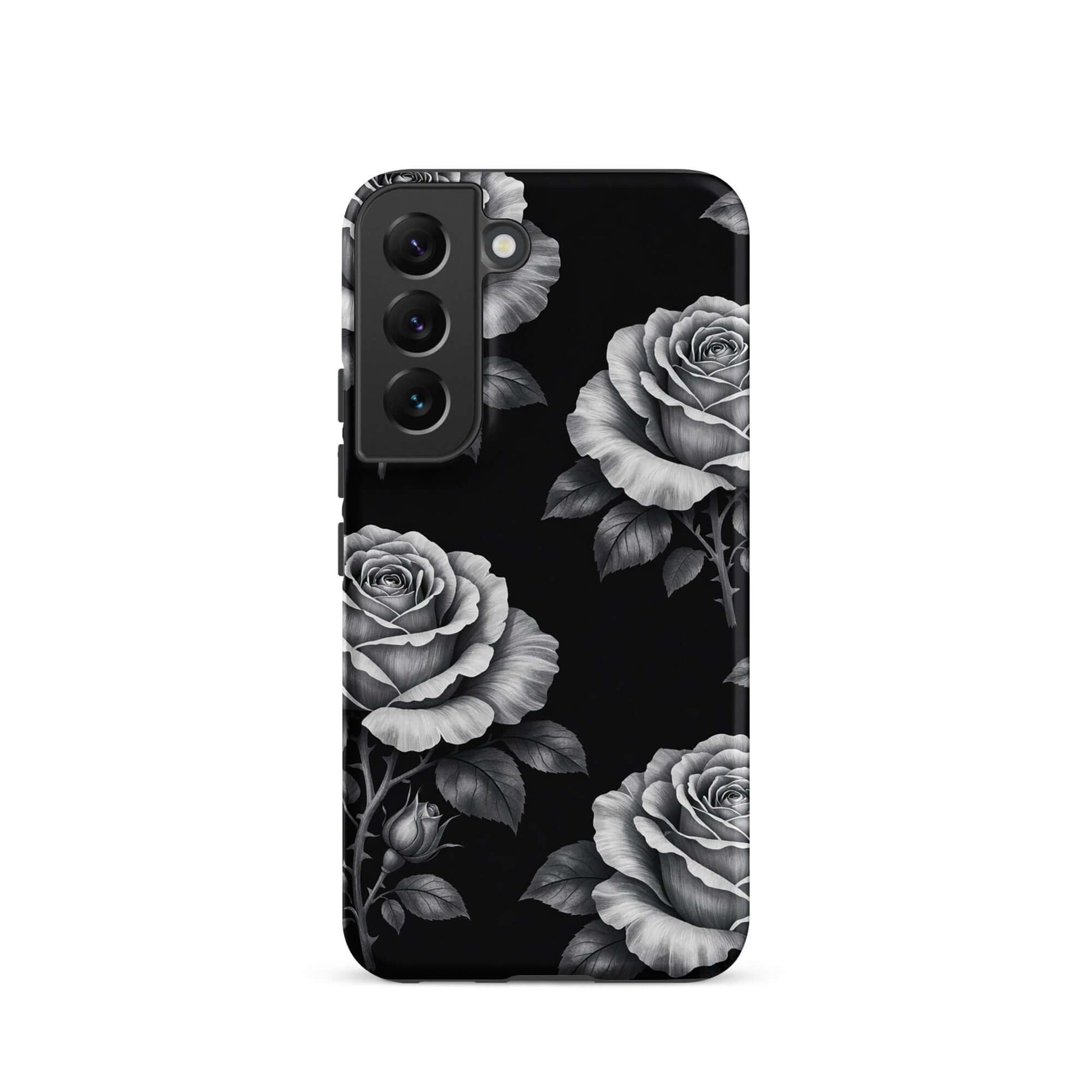 Phone Case for Samsung Galaxy with rose garden design featuring pencil-sketch style roses on a black background, adding floral elegance.