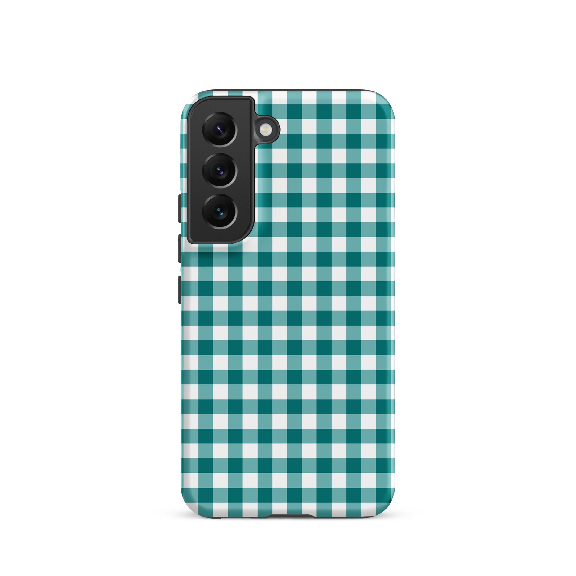 Phone Case for Samsung Galaxy with teal-and-white gingham pattern, offering stylish protection and luxury craftsmanship.