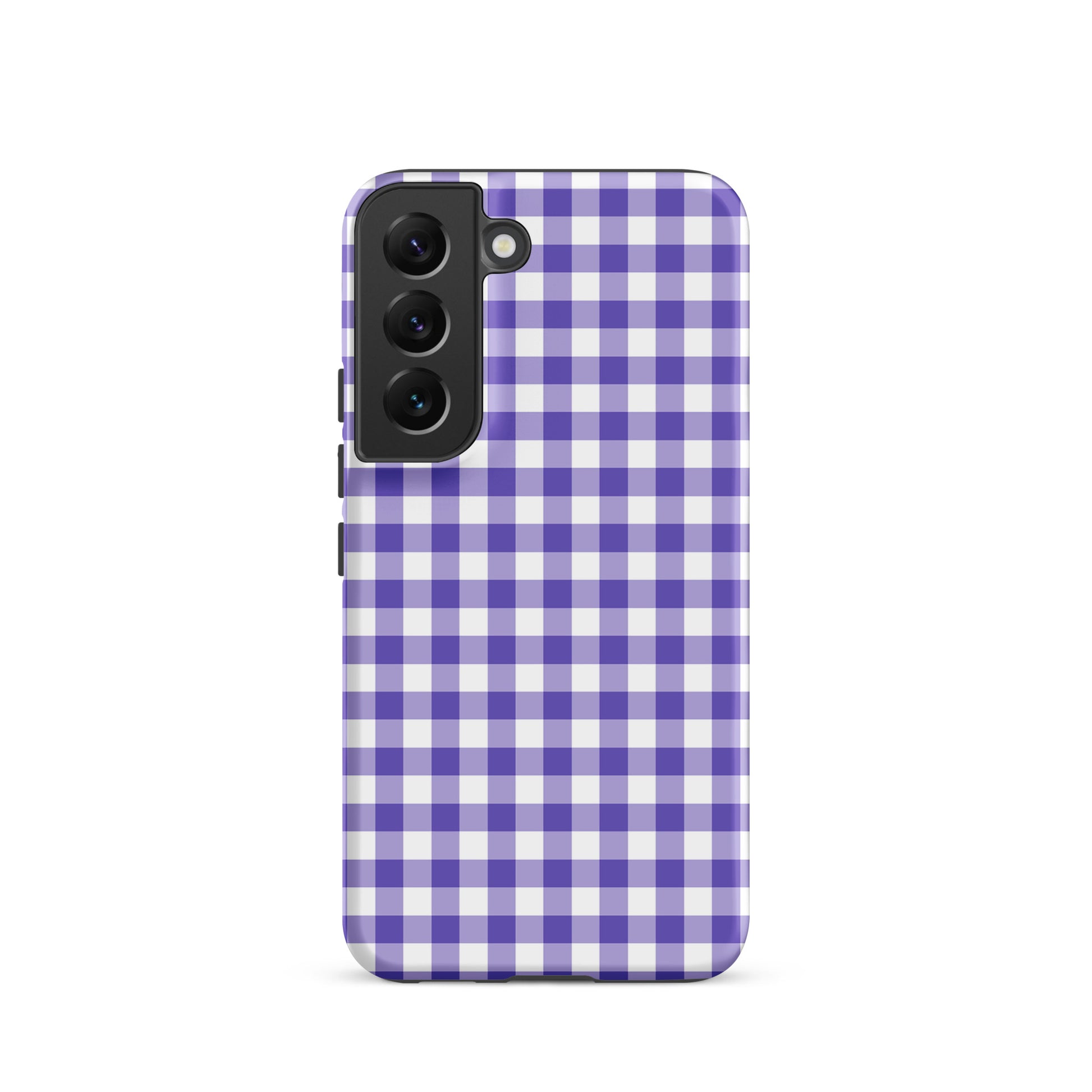Phone case with purple-and-white gingham pattern for Samsung Galaxy.