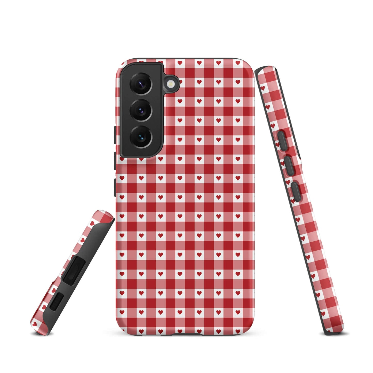 Phone Case for Samsung Galaxy with red and white gingham heart pattern, showcasing style and durability.