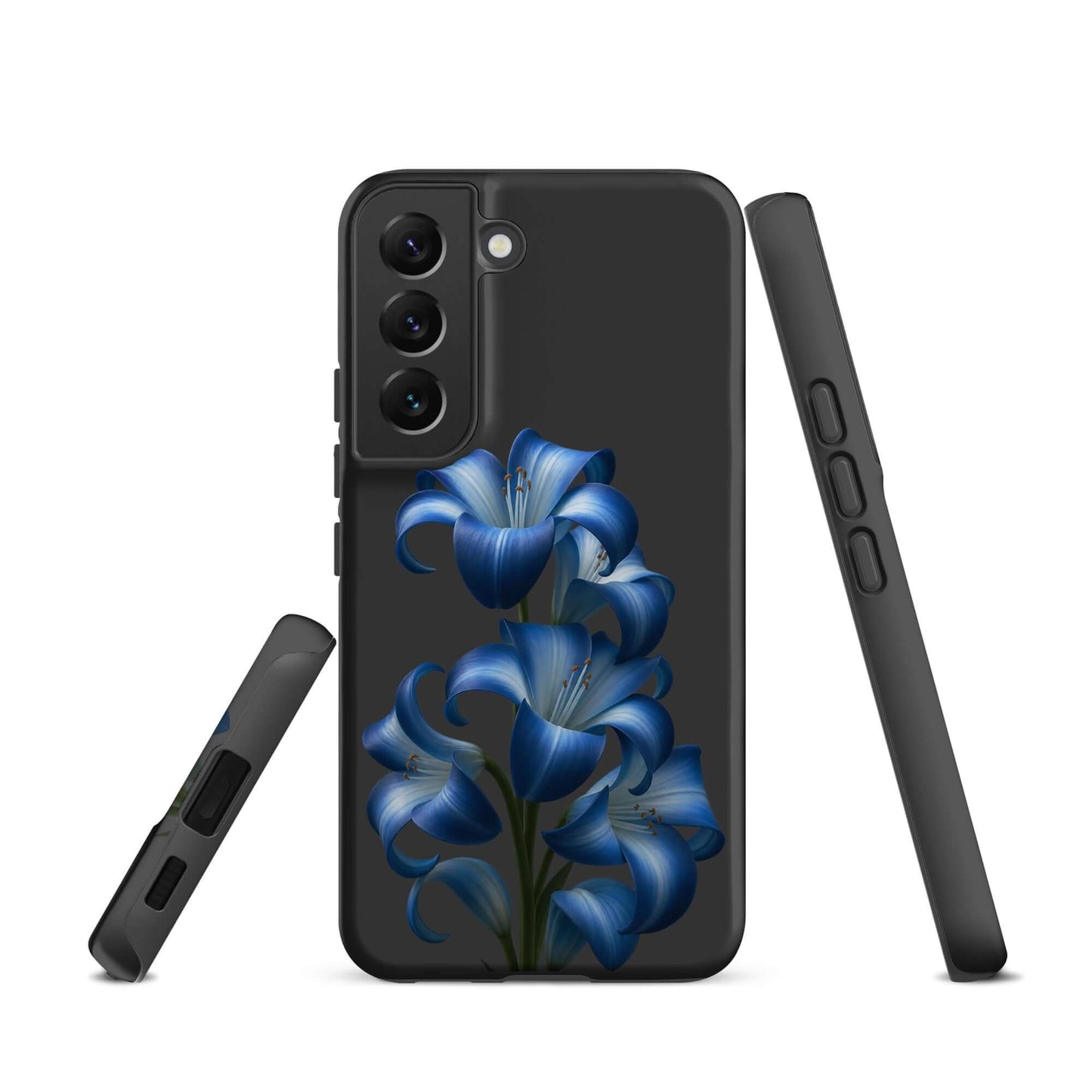 Phone Case for Samsung Galaxy with vibrant blue lily bloom art on a sleek dark background, showcasing stylish protection.