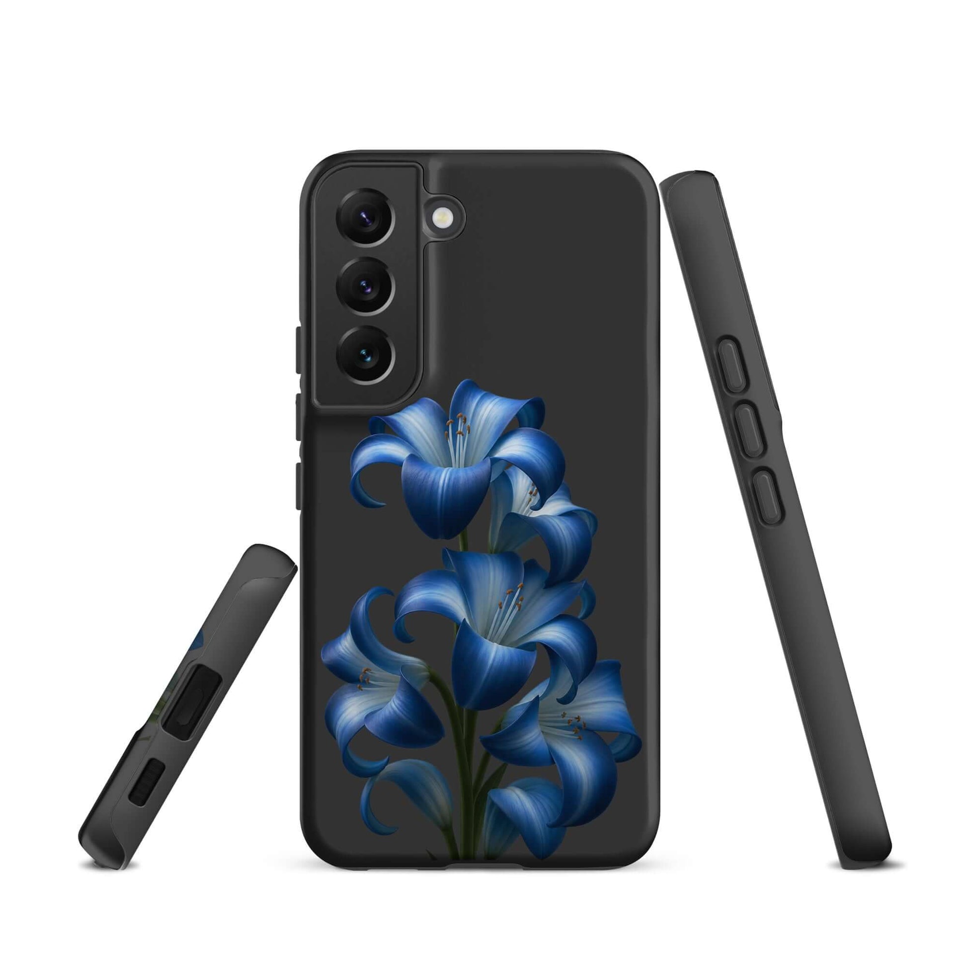 Phone Case for Samsung Galaxy with vibrant blue lily bloom art on a sleek dark background, showcasing stylish protection.