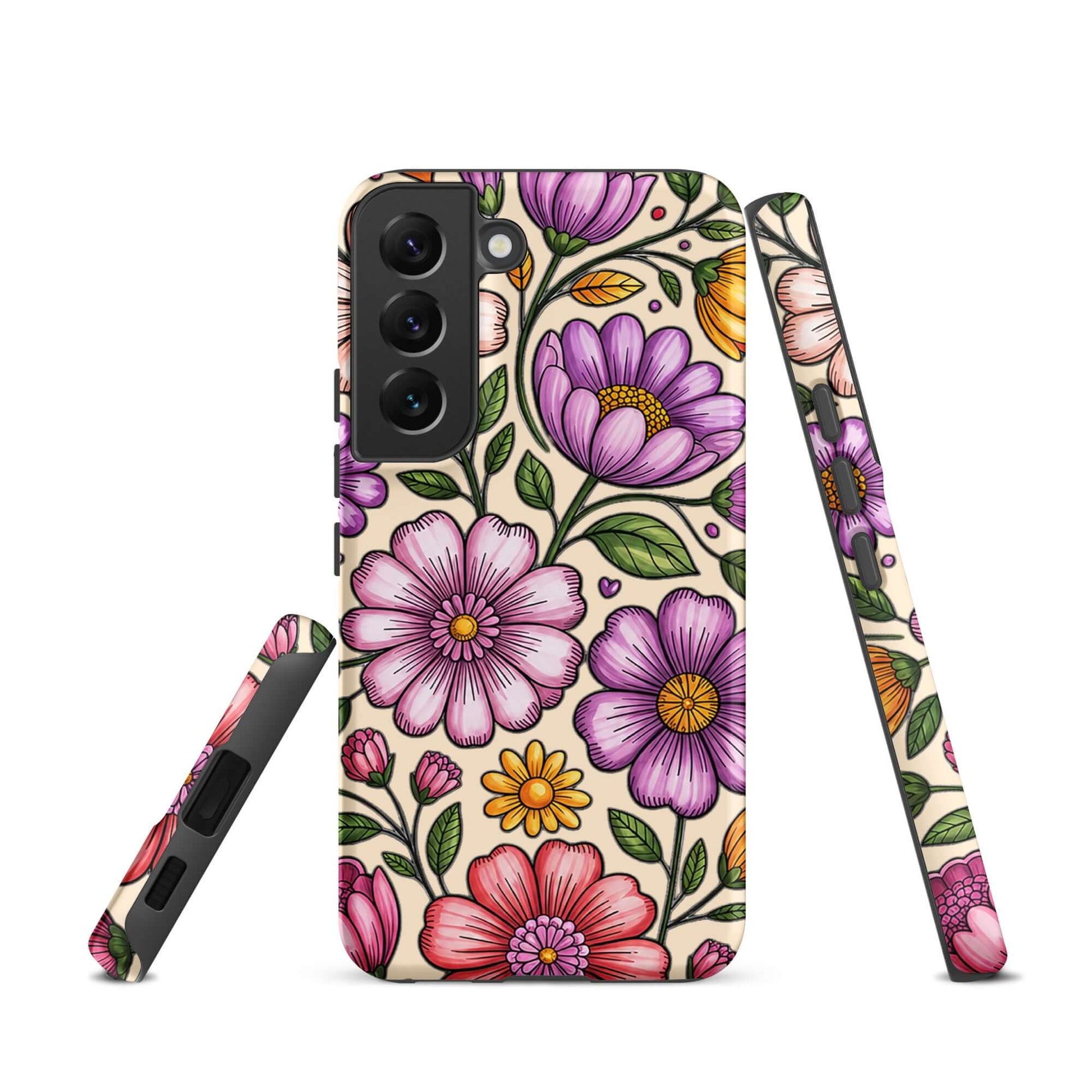 Phone Case for Samsung Galaxy with pastel floral design featuring pink, peach, and lavender flowers on a protective dual-layer case.
