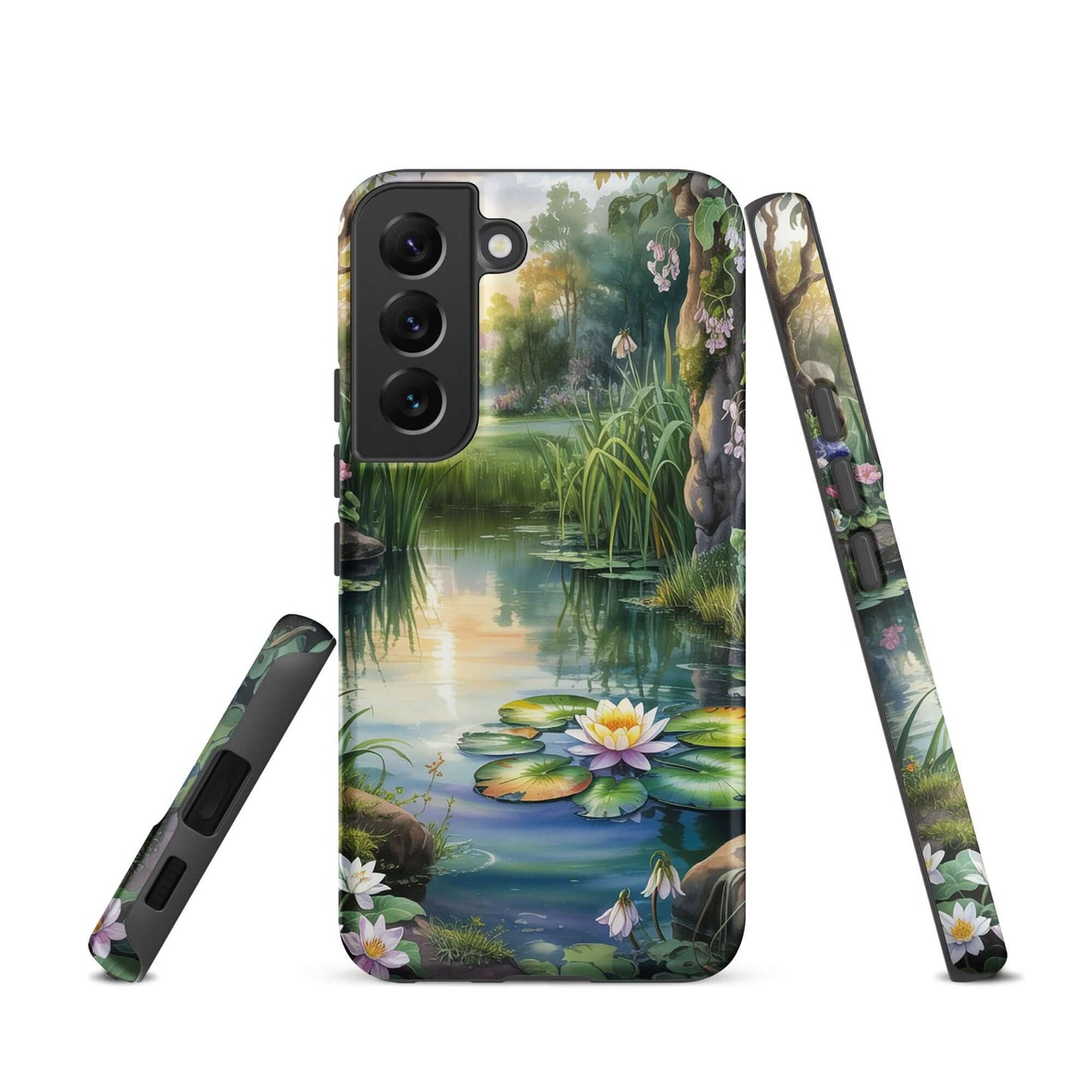 Phone Case for Samsung Galaxy with enchanted pond design featuring water lilies and lush greenery