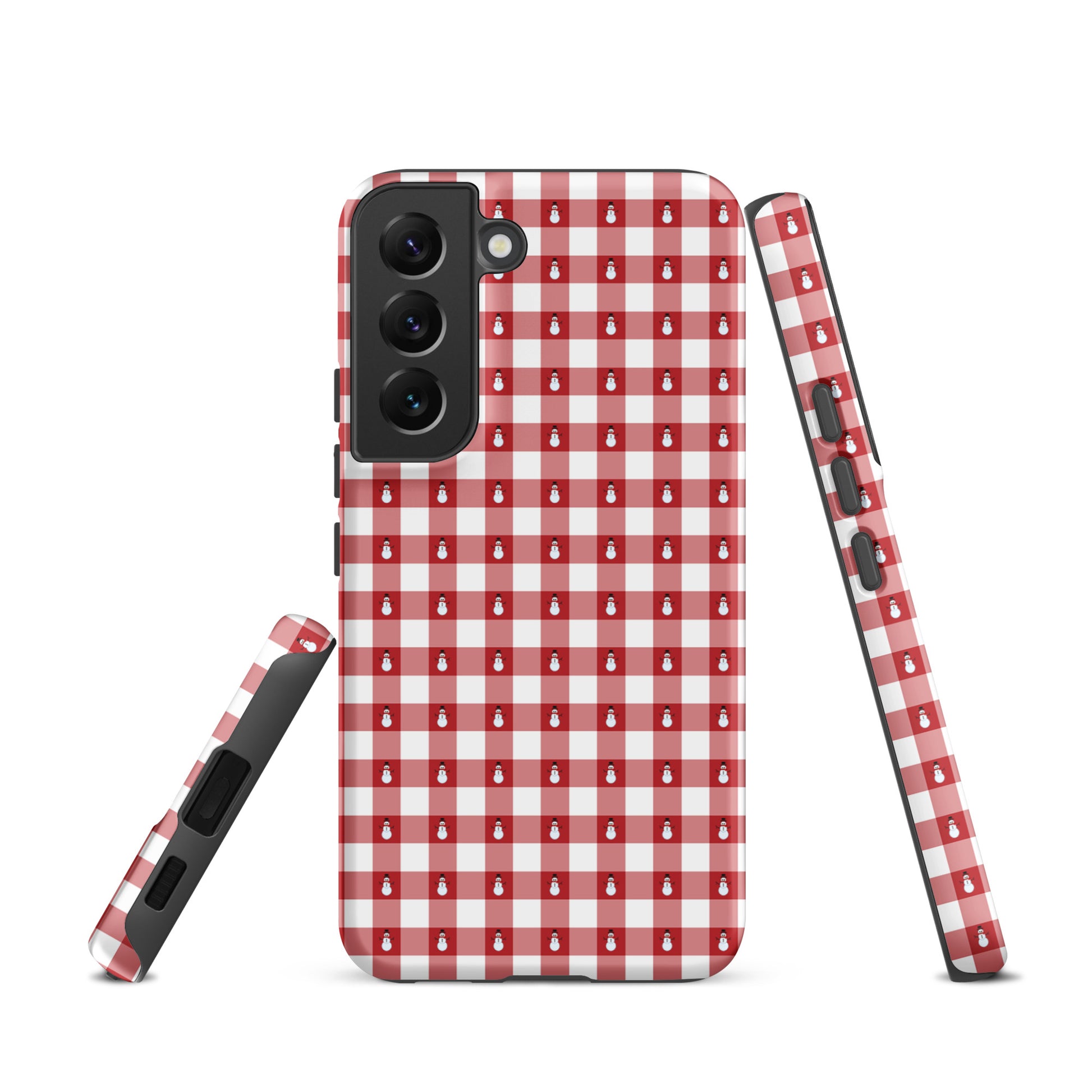 Phone Case for Samsung Galaxy with red-and-white gingham pattern featuring snowmen, offering winter charm and protection.
