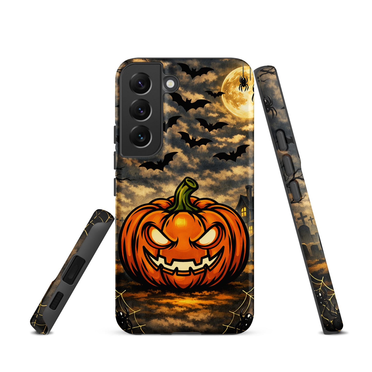 Phone Case for Samsung Galaxy with haunted pumpkin and moonlit Halloween scene.