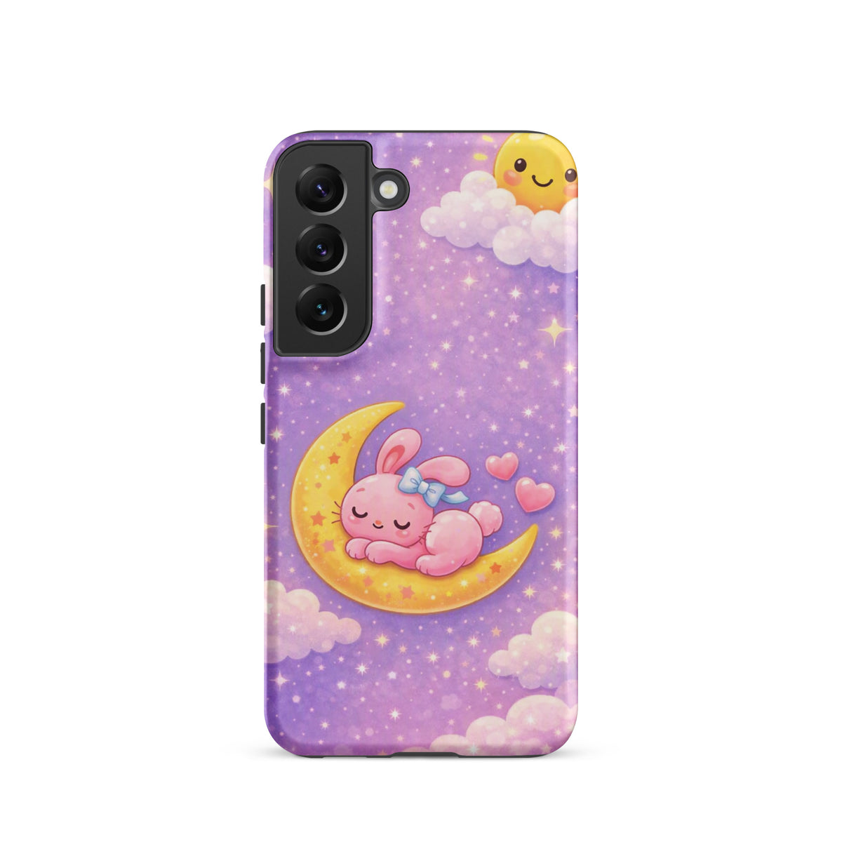 Phone Case for Samsung Galaxy - Cute, Cozy, Dreamy Bunny Moon Design with pink bunny on crescent moon and stars.