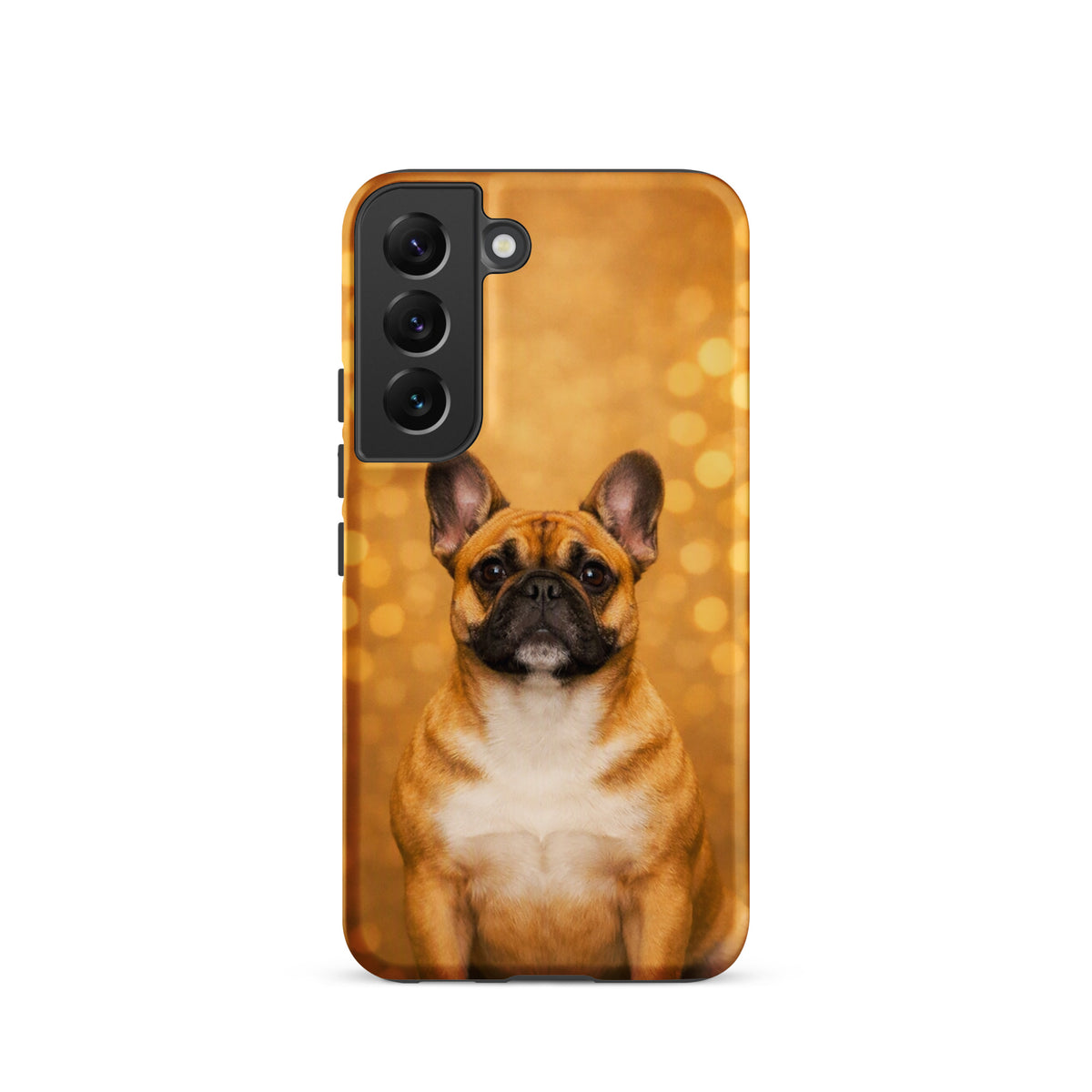 Phone Case for Samsung Galaxy with French Bulldog portrait against golden bokeh background, charming and playful design.