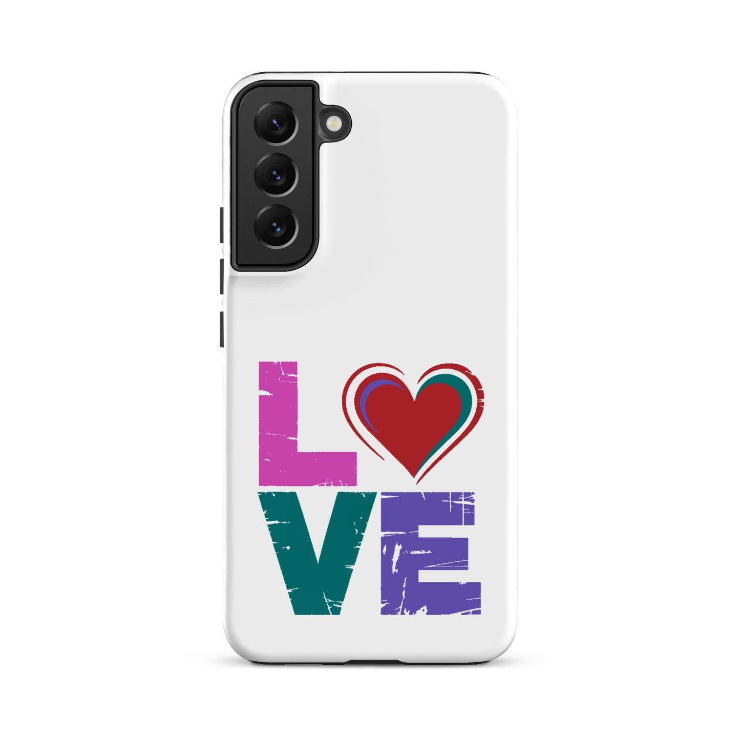 Tough case for Samsung Galaxy Phones featuring a colorful 'LOVE' design with a heart in place of the letter 'o'.