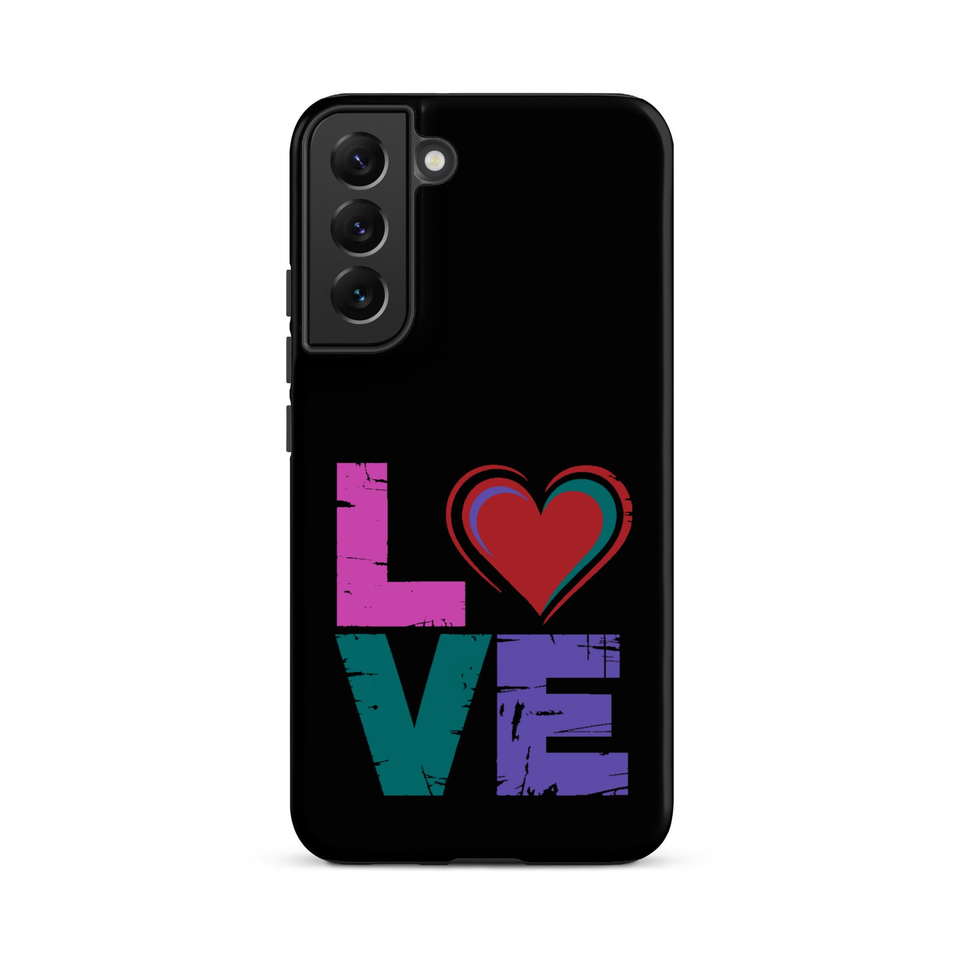 Tough case for Samsung Galaxy Phones featuring colorful 'LOVE' design with heart on black background.