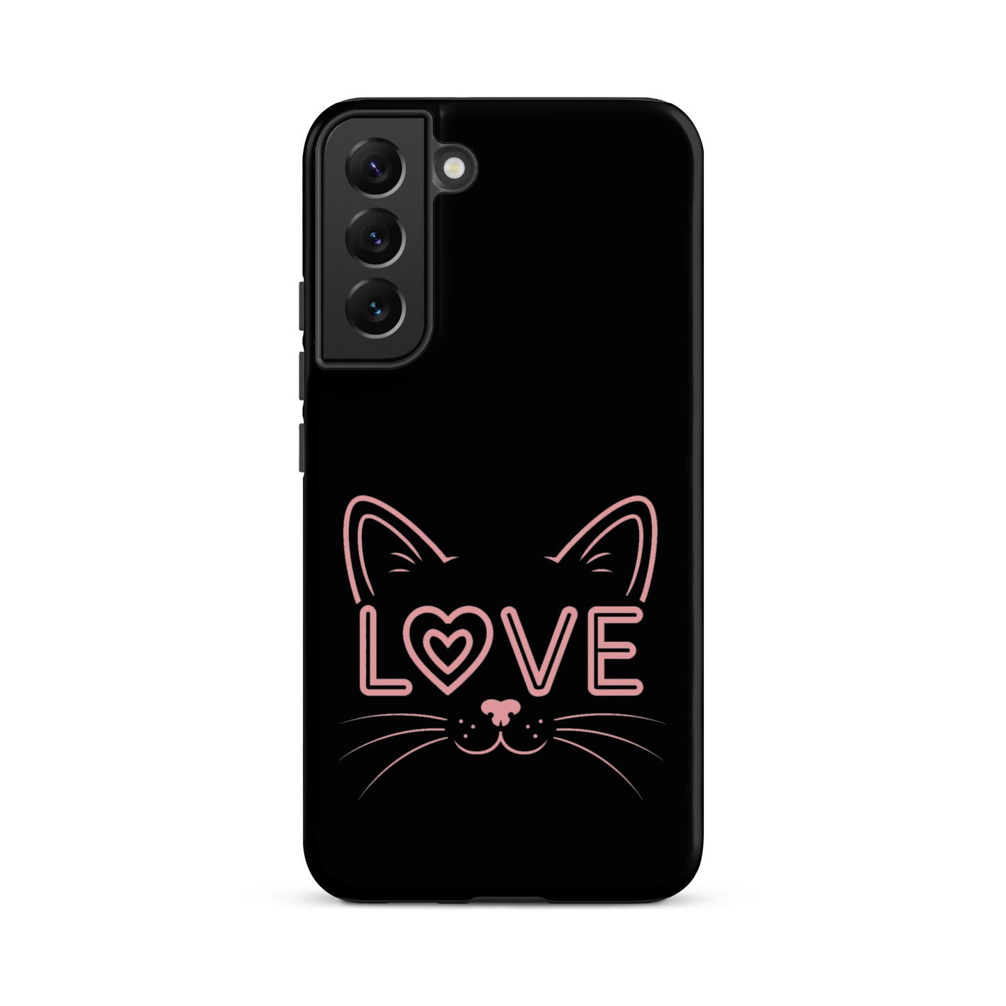 Cat Love Phone Case for Samsung Galaxy featuring a minimalist cat face design with the word 'LOVE'.