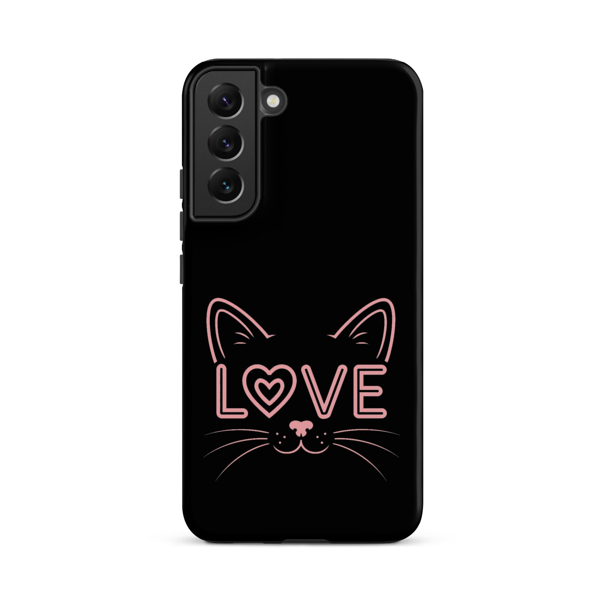 Cat Love Phone Case for Samsung Galaxy featuring a minimalist cat face design with the word 'LOVE'.