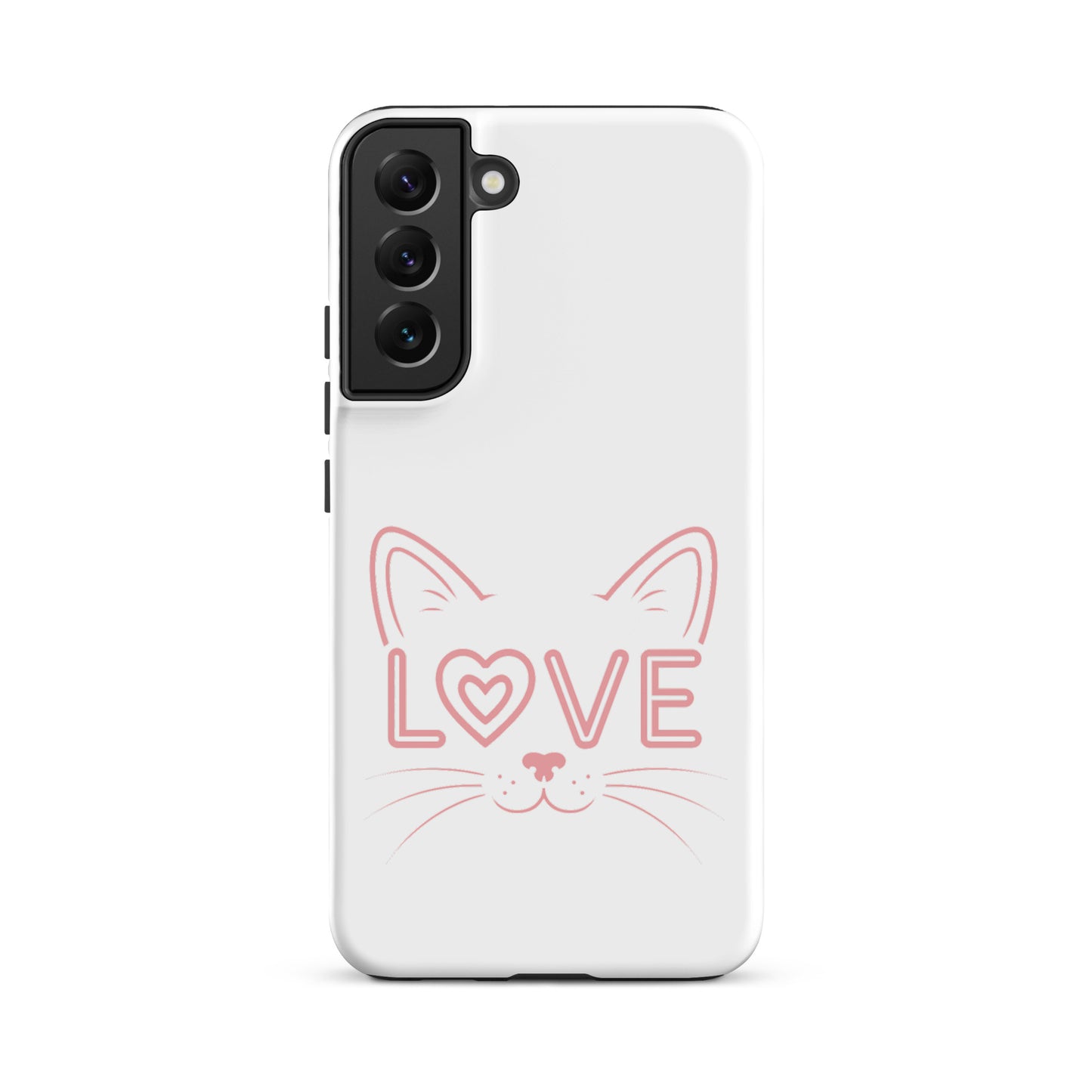 Cat Love Phone Case for Samsung Galaxy featuring cute cat face design with 'LOVE' text.