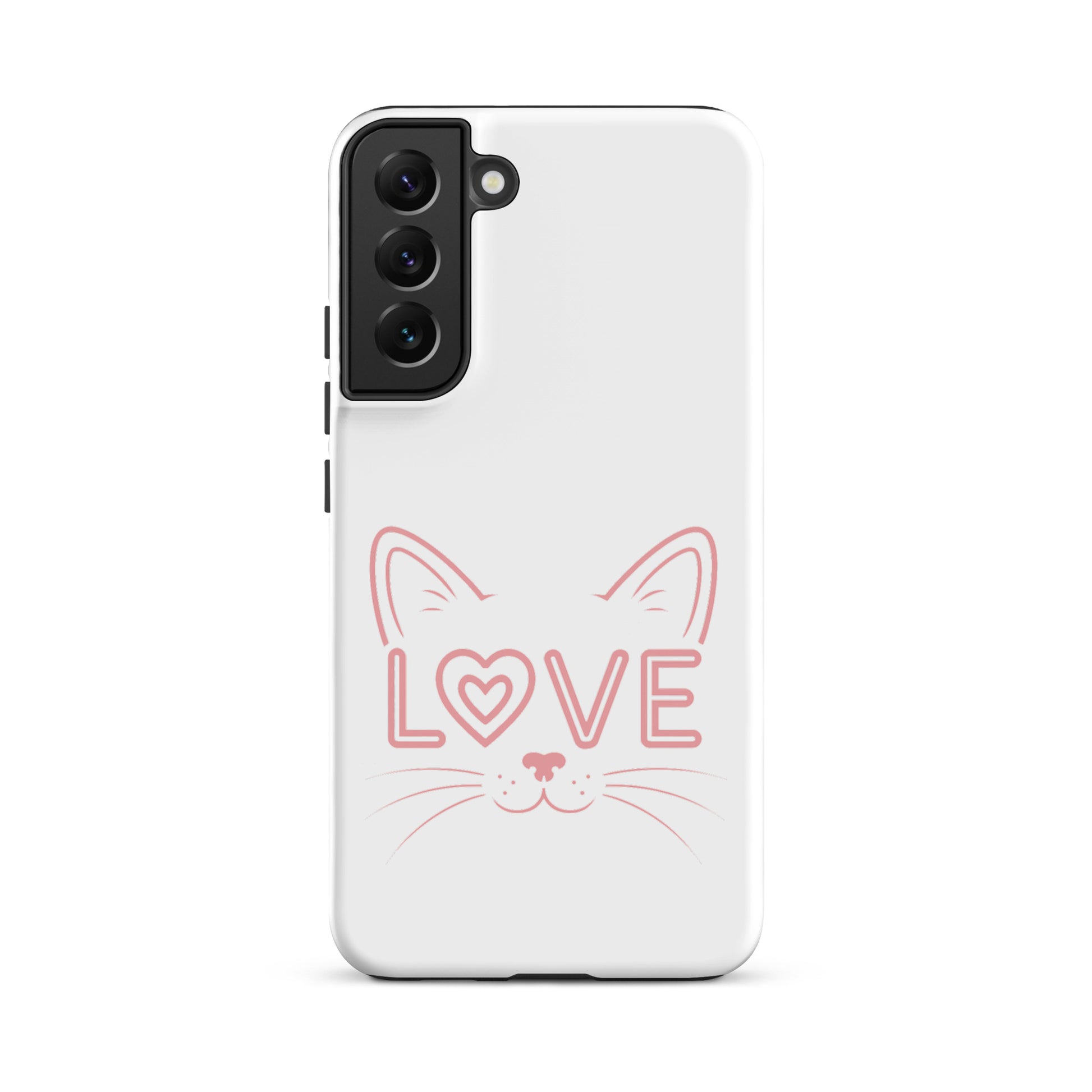 Cat Love Phone Case for Samsung Galaxy featuring cute cat face design with 'LOVE' text.