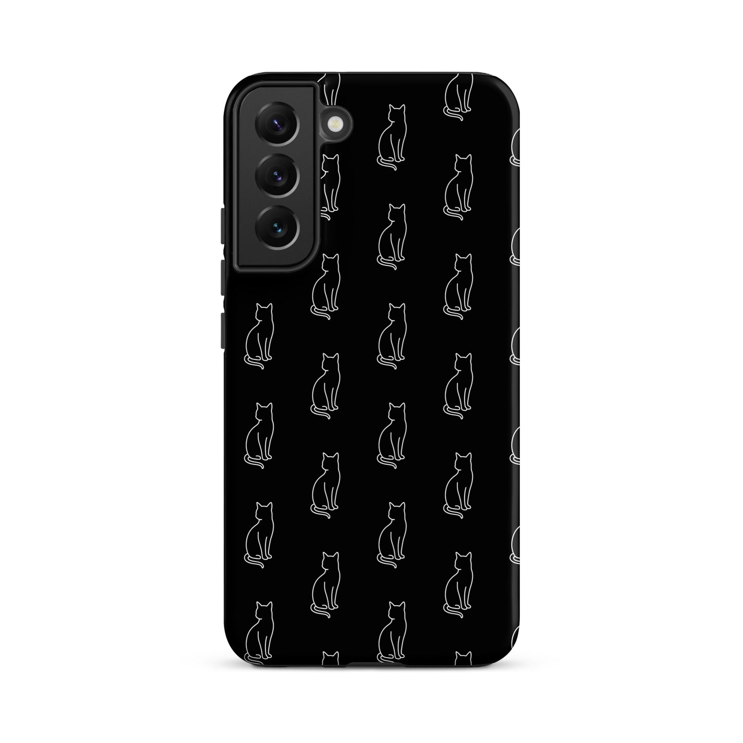 Phone Case for Samsung Galaxy featuring minimalist sitting cat pattern on a sleek black background.